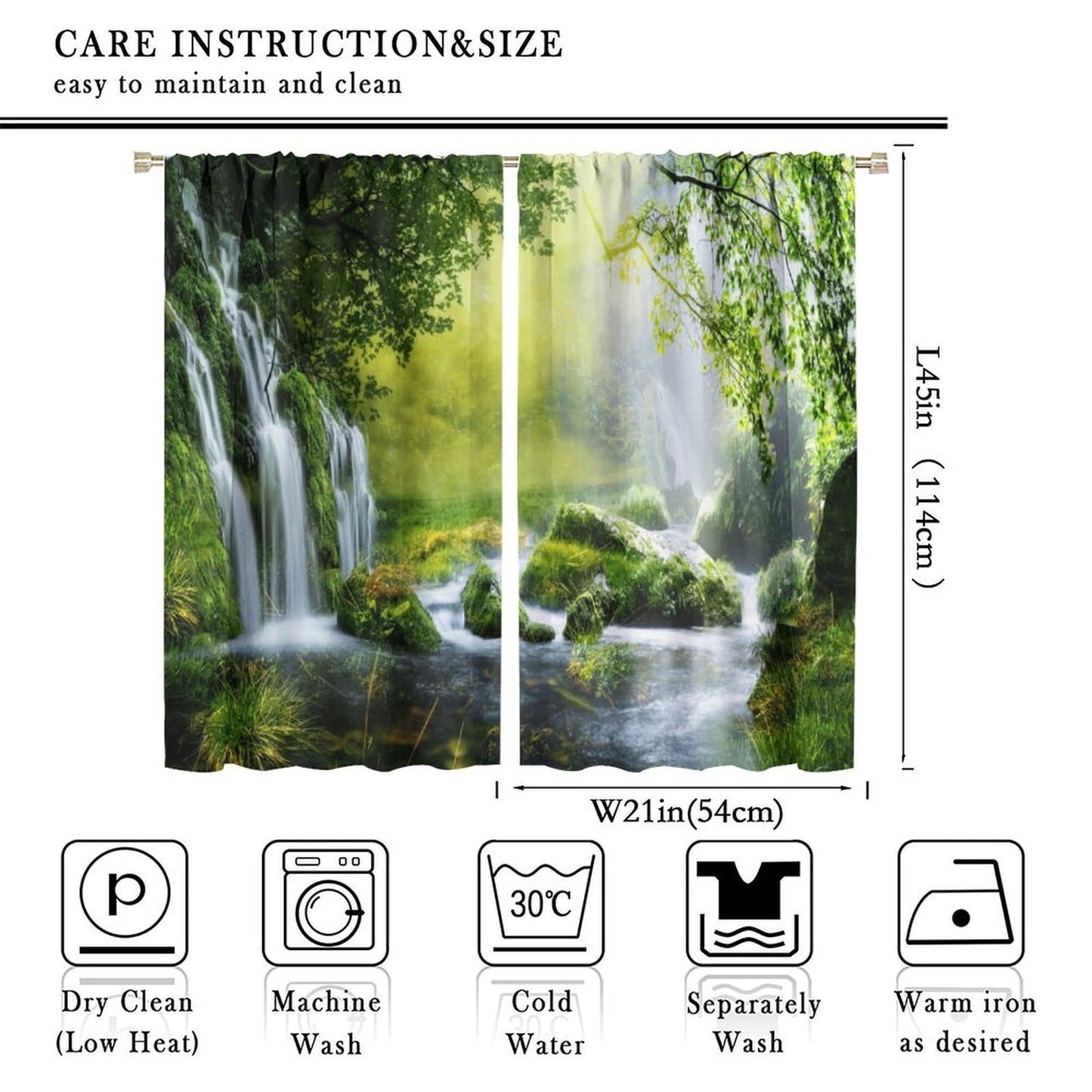 Focusbrite Forest Curtains Rod Pocket Nature Tropical Jungle River Rainforest Waterfall Landscape Scenery Print Pattern Window Drapes for Bedroom Living Room Cafe Office Set 2 Panels,42x45 Inches
