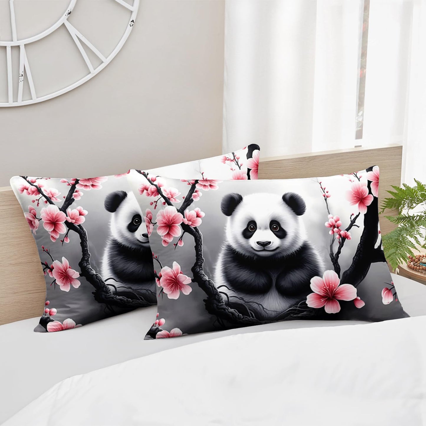 HOSIMA Panda Twin Fitted Sheet,Cute Panda Sitting Surrounded by Flowers on Branches,Gray White Ink Background Pattern Animal Bedding for Kids Boys Girls Room Decor,1 Fitted Sheet+2 Pillowcases.