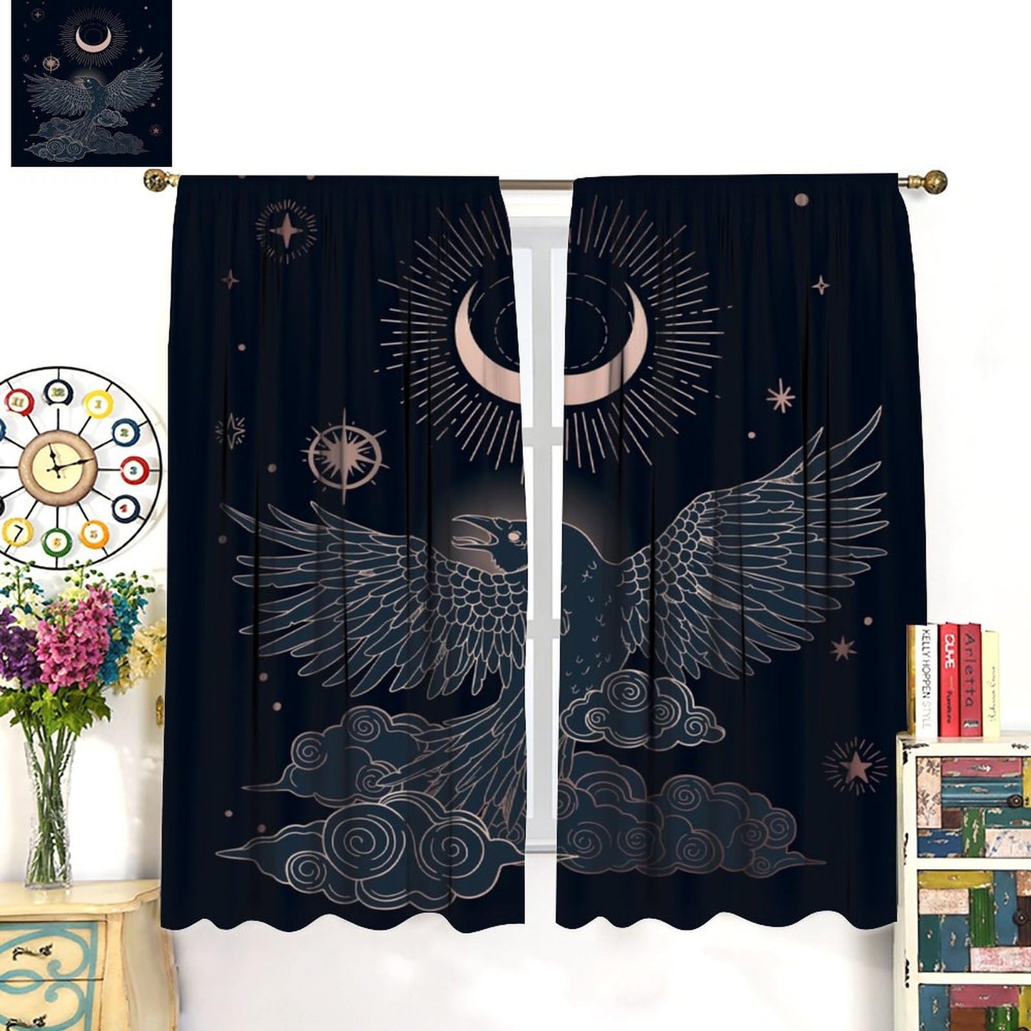 DDCBNS Boho Crow Curtains,Bohemian Style Black Birds Raven Moon Star Print Window Treatments for Bedroom Living Room Kitchen Window Drapes 2 Panel Set,Total Size 42 x 45 Inch