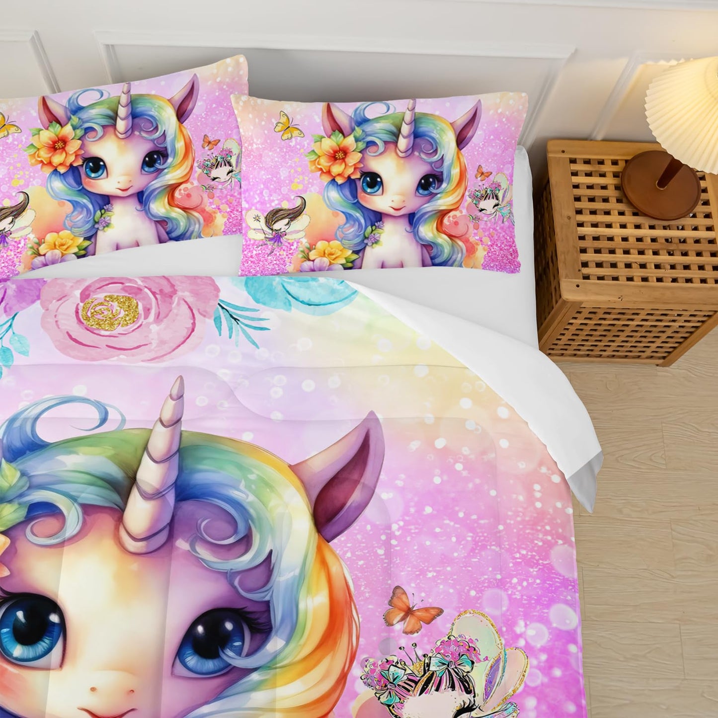 lneffble Cute Unicorn Comforter Set Twin for Girls Kids, Rainbow Unicorn Flower Print Galaxy Bedding Set,Soft Microfiber Cartoon Comforter Set with 2 Pillowcases,Toddler Bedding Set