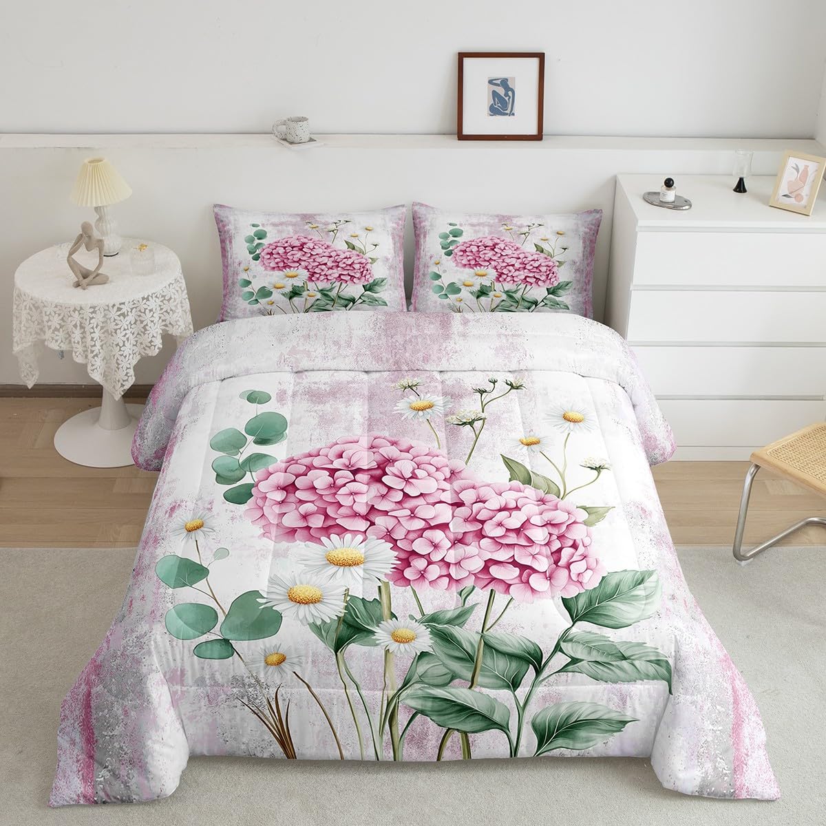 Erosebridal Watercolor Flowers Queen Comforter Set Abstract Oil Painting Hydrangea Bedding Set Rustic Farmhouse Bed Set Ombre Pink Green White Quilt Set