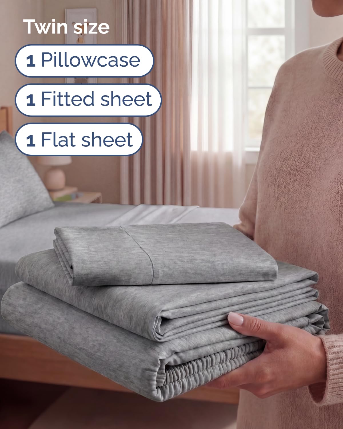 Twin Size 3 Piece Sheet Set - Comfy Breathable & Cooling Sheets - Hotel Luxury Bed Sheets for Women & Men - Deep Pockets, Easy-Fit, Soft & Wrinkle Free Sheets - Heathered Grey Oeko-Tex Bed Sheet Set