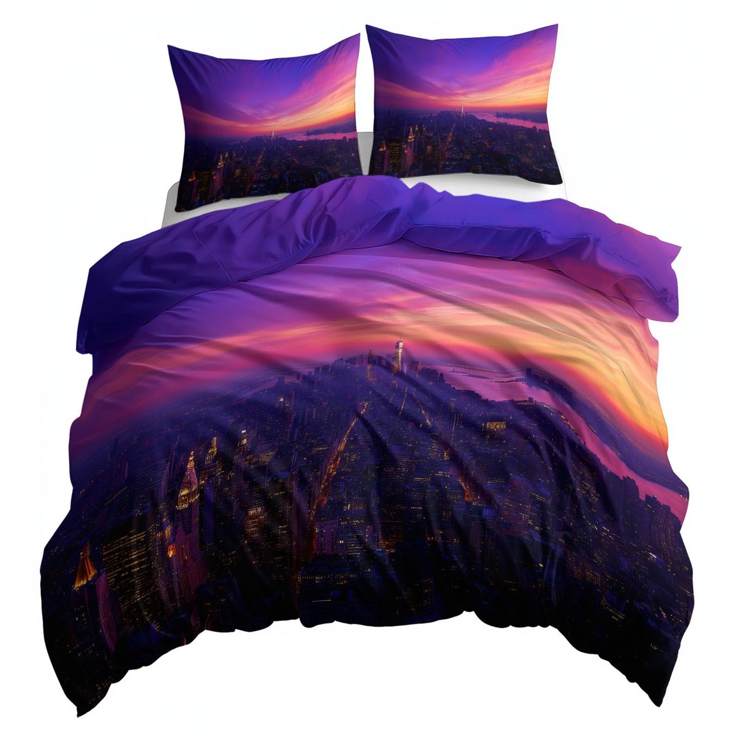 Super Soft Cityscape Duvet Cover Set Twin Size, Neon Art Skyscrapers Bedding for Kids Boys Girls Teens - Breathable and Anti-Allergic Soft Comforter Cover 2 Pillow Shams