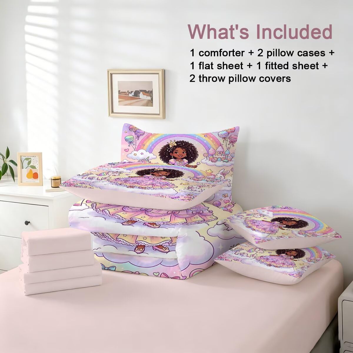 FUYEUN Rainbow Princess Unicorn 7 Piece Twin Comforter Set for Girls