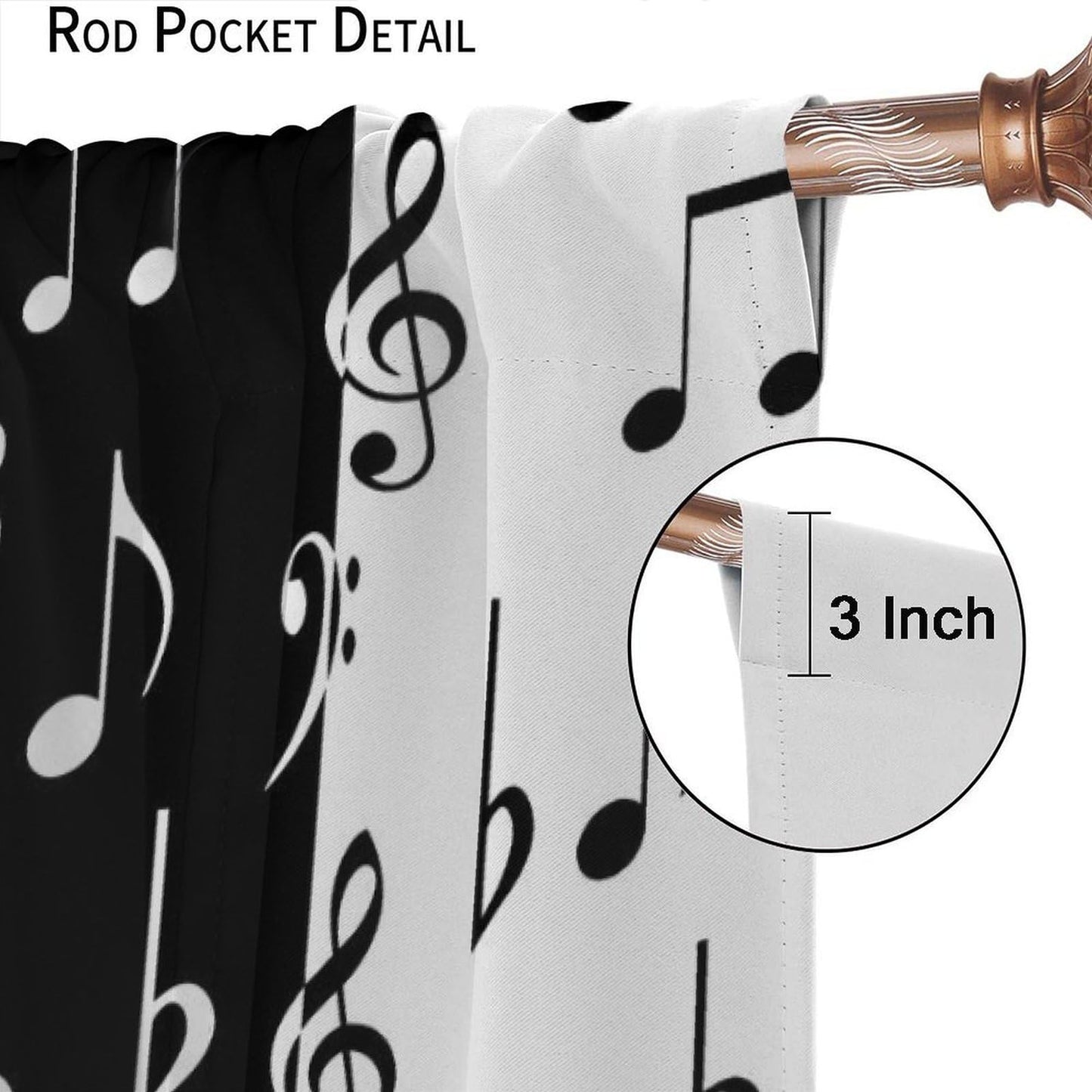 HZOHNAGO Music Curtain Black and White Music Notes Pattern Blackout Print Rod Pocket Window Drapes for Bedroom Living Room 42x45in