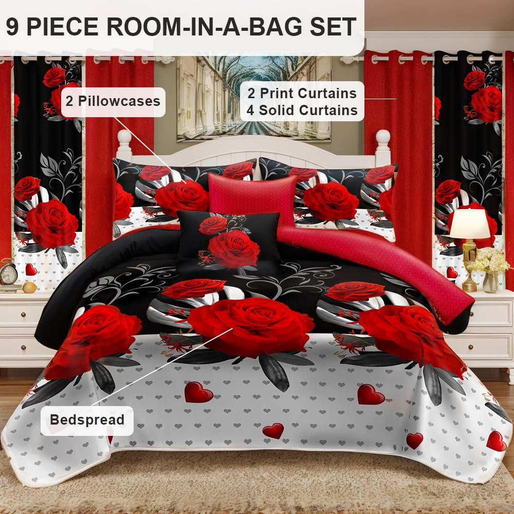 Elegant Red Rose Floral King Light Comforter Set, Luxury 9-Piece Bed in a Bag King Bedspread with Matching Curtains Ultra Soft & Breathable Botanical Bedding, All-Season Decor for Master Suite