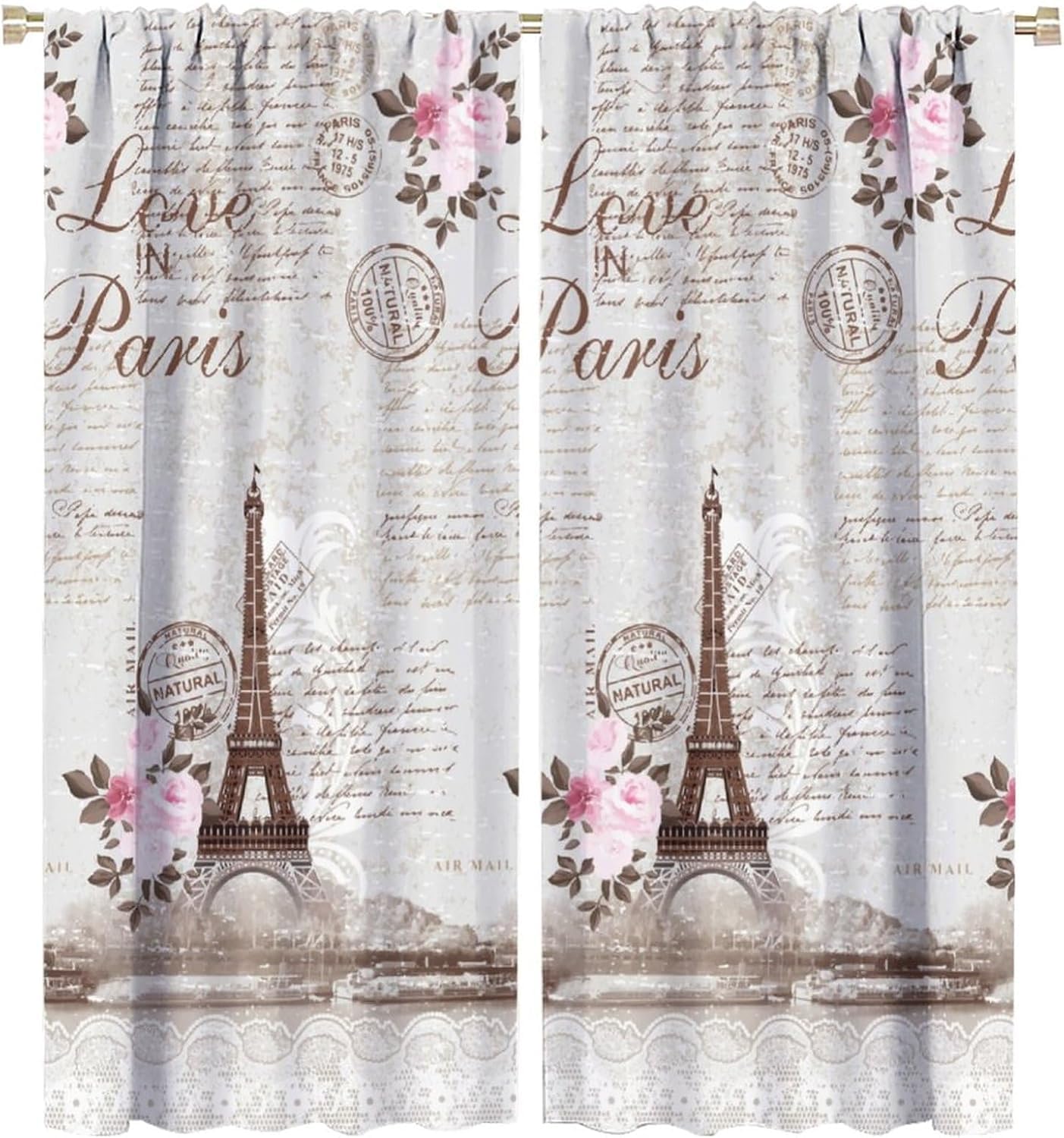 HZOHNAGO Paris Eiffel Tower Curtains Retro Pink Flowers Towers Pattern Blackout Print Rod Pocket Window Drapes for Bedroom Living Room 42x45in