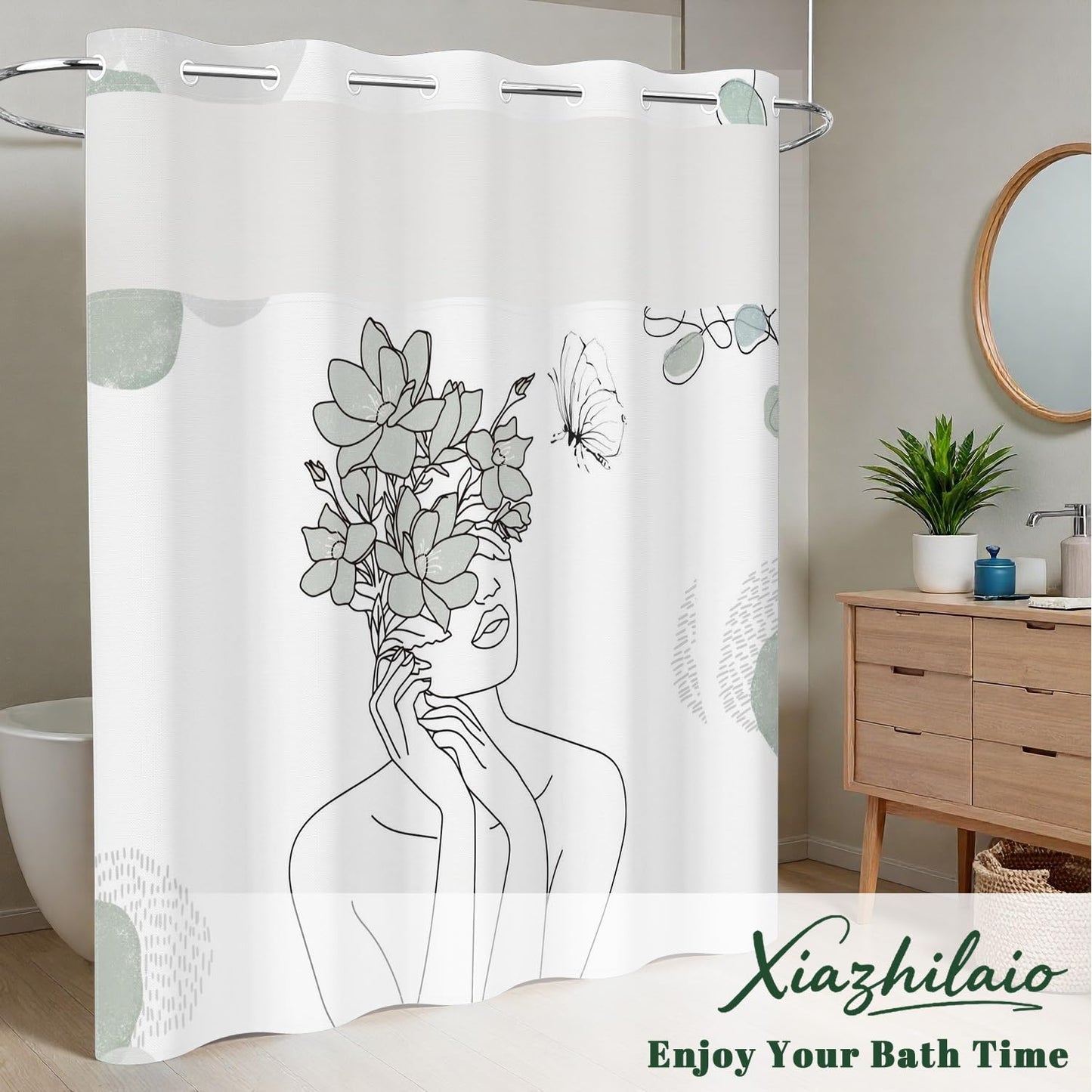 Xiazhilaio Minimalist Artistic No Hook Shower Curtain with Snap in Liner