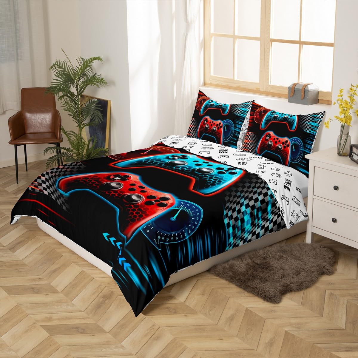 Gaming Gamepad Kids Duvet Cover Set Queen Size,Video Games Controller Race Flags Bedding Set,Boys Girls Men Room Decor,Geometric Honeycomb Hexagon Comforter Cover,Red Blue Quilt Cover,2 Pillowcases
