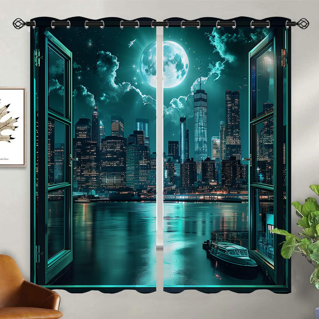 New York Blackout Curtains for Girls Teen Boys Home Decor,Night Urban Skyline Skyscraper Modern City Grommet Thermal Insulated Drapes Darkening Window Curtain for Bedroom Living Room, 42 x 45 Inch