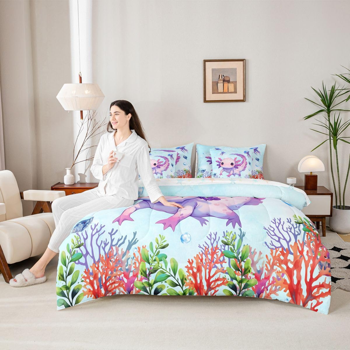 Erosebridal Coral Axolotl Blue Purple Ombre Girls 7 Piece Bedding Set Twin | Kawaii Cartoon Comforter Set with Sheets Ocean Sealife Cute Bed in A Bag Salamander Bed Sets