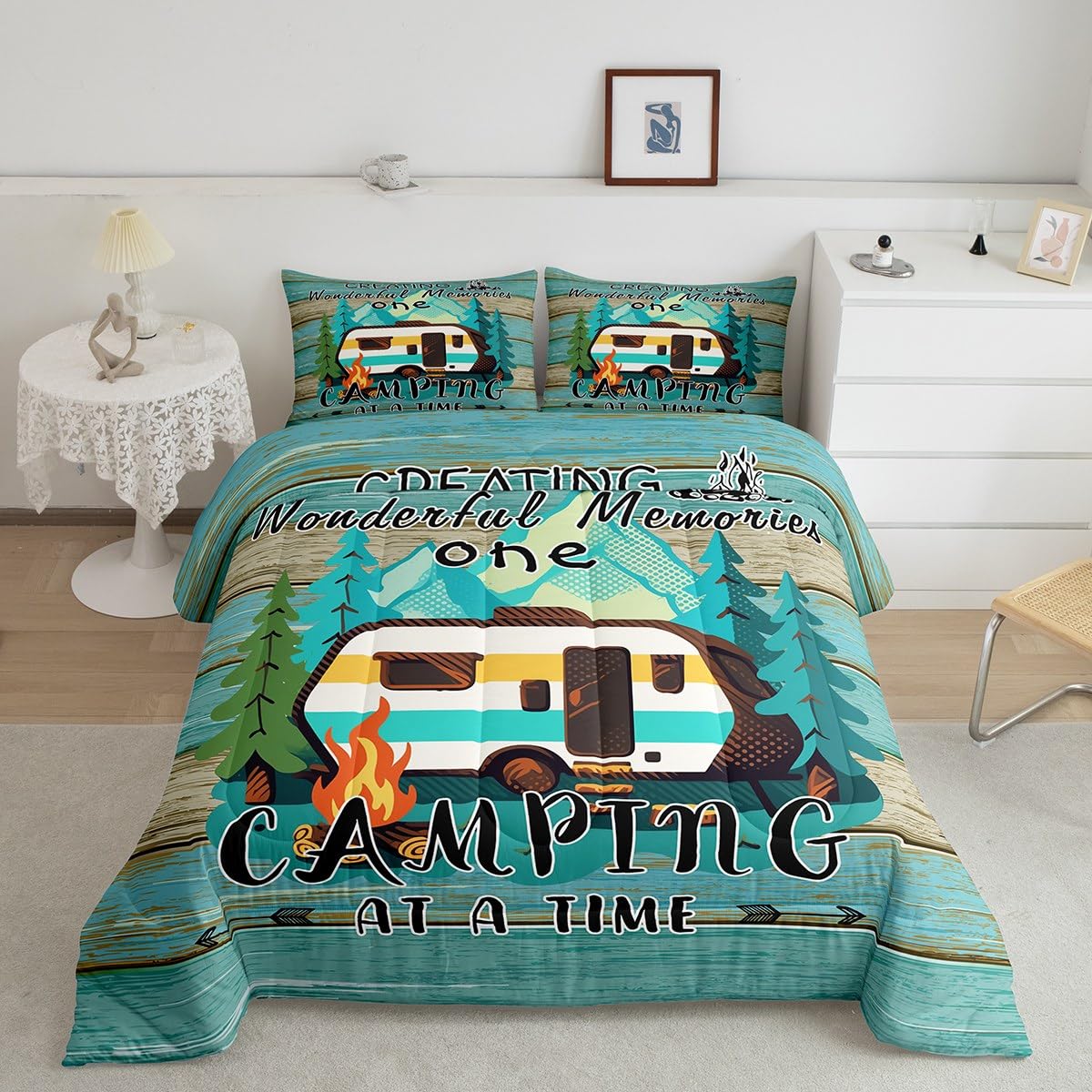Erosebridal Rv Camper Comforter Set for Kids Boys Girls Happy Camping Life Bedding Farmhouse Wooden Style Duvet Set Travel Trailers Comforter King with 2 Pillowcases