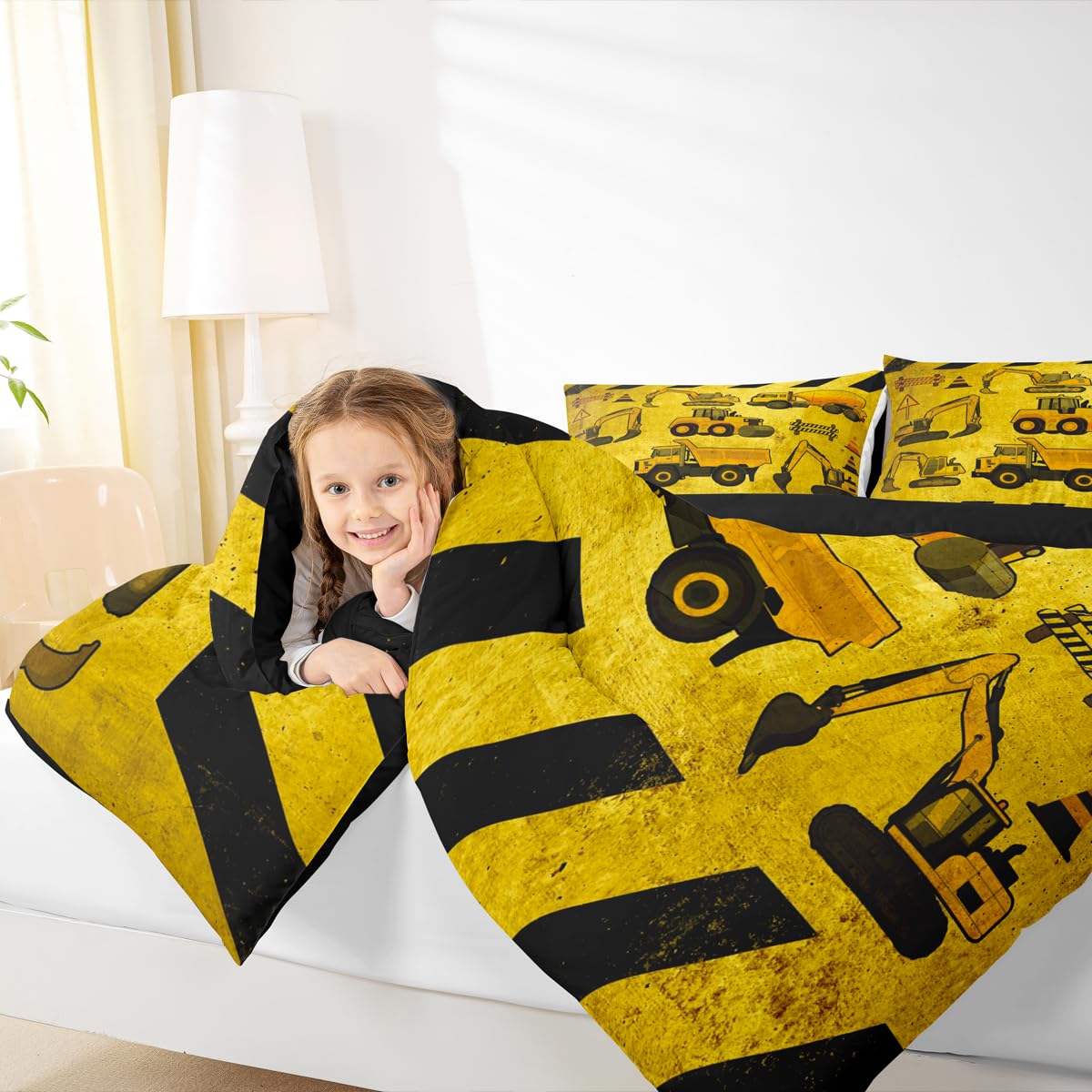 Boys Excavator Bedding Set Queen Size Kids Construction Vehicles Comforter For Kids Children Cartoon Machinery Truck Comforter Set Construction Site Cars Tractor Duvet Set 3Pcs With 2 Pillow Cases