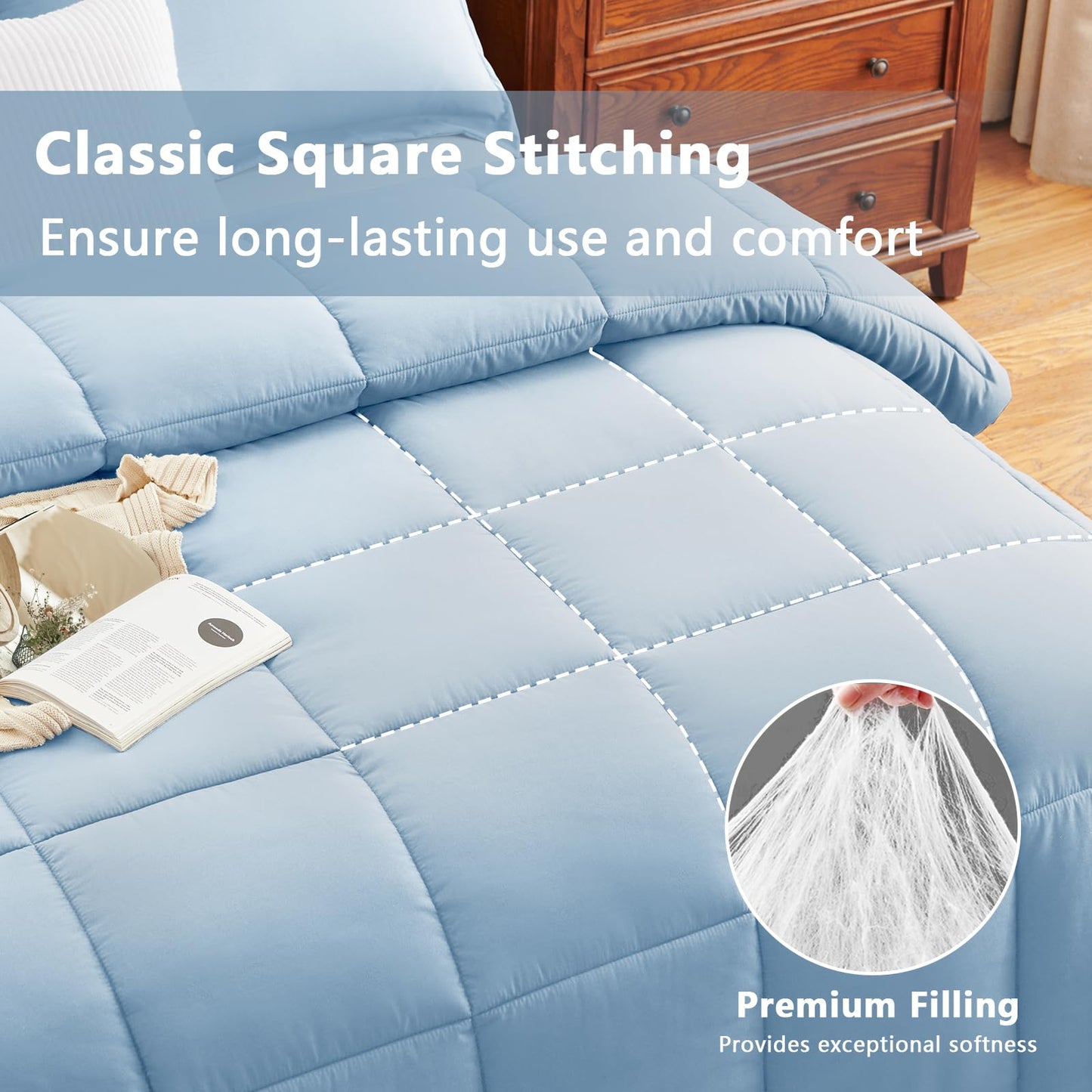 CozyLux Queen Comforter Set - 270GSM Baby Blue Bedding Sets for All Seasons, 3 Pieces Box Stitched Bed Set with 1 Down Alternative Comforter and 2 Pillow Shams, Soft, Lightweight, Breathable