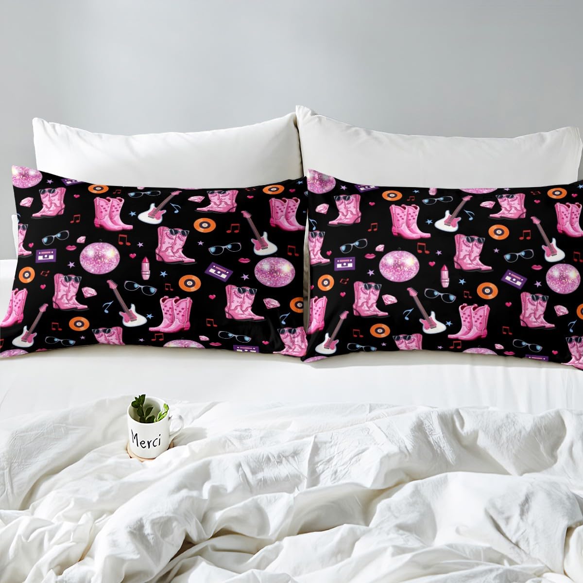 Erosebridal Music Gift Bed Sheets Set for Women Girls King Cowgirl Music Theme Sheet Set Western Horseshoe Guitar Disco Ball Sheets Black Flat Fitted Sheet 4 Pcs for Music Lover Fans