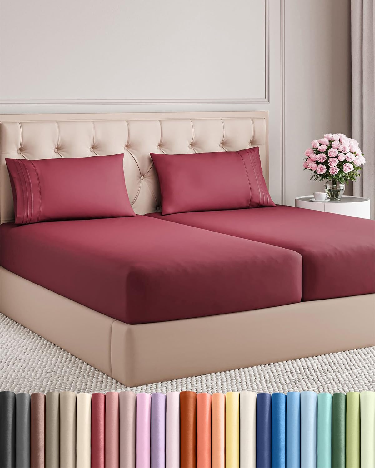 Split King Size 5 Piece Sheet Set - Comfy Breathable & Cooling Sheets - Hotel Luxury Bed Sheets for Women & Men - Deep Pockets, Easy-Fit, Soft & Wrinkle Free Sheets - Burgundy Oeko-Tex Bed Sheet Set