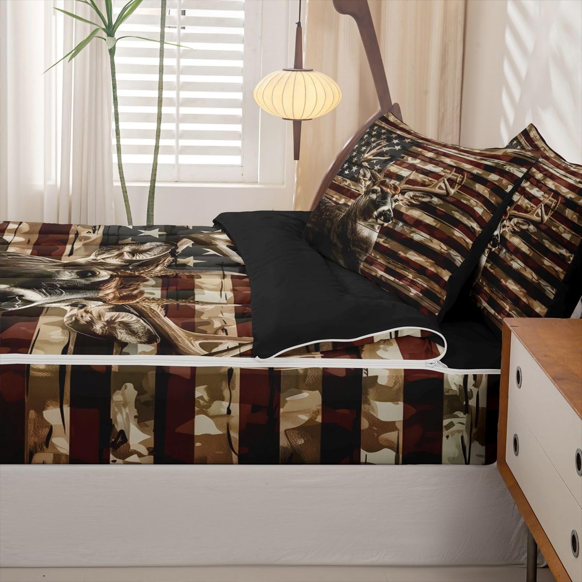 Feelyou American Flag Comforter Set Full Deer Hunting Zipper Bedding Set for Kids Boys Girls Nature Wildlife Bed in a Bag Microfiber with 2 Pillow Cases