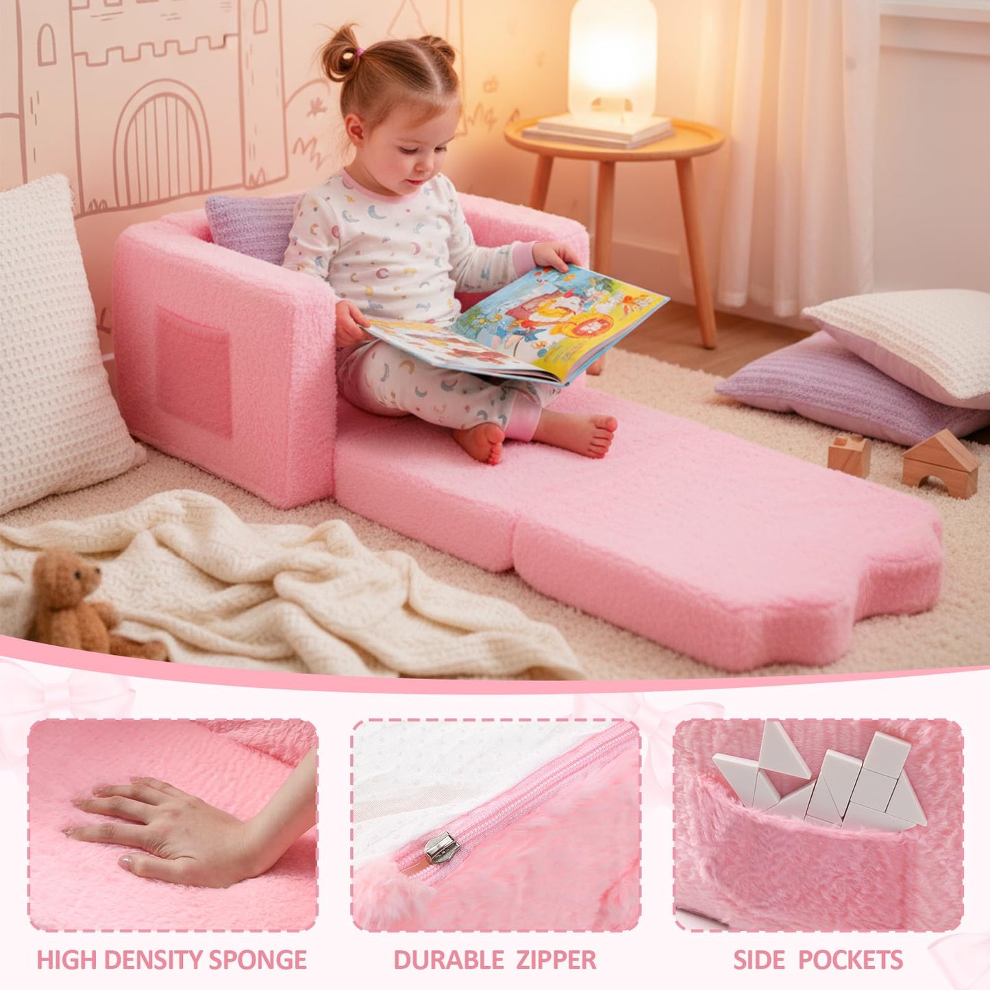 Novabright Kids Chair or Couch for Toddler, 2-in-1 Soft Foldable Couch, Comfy Toddler Chair, Convertible Sofa to Lounger, Gifts for Kids Girl Boys for Birthday Children's Day (Bow)