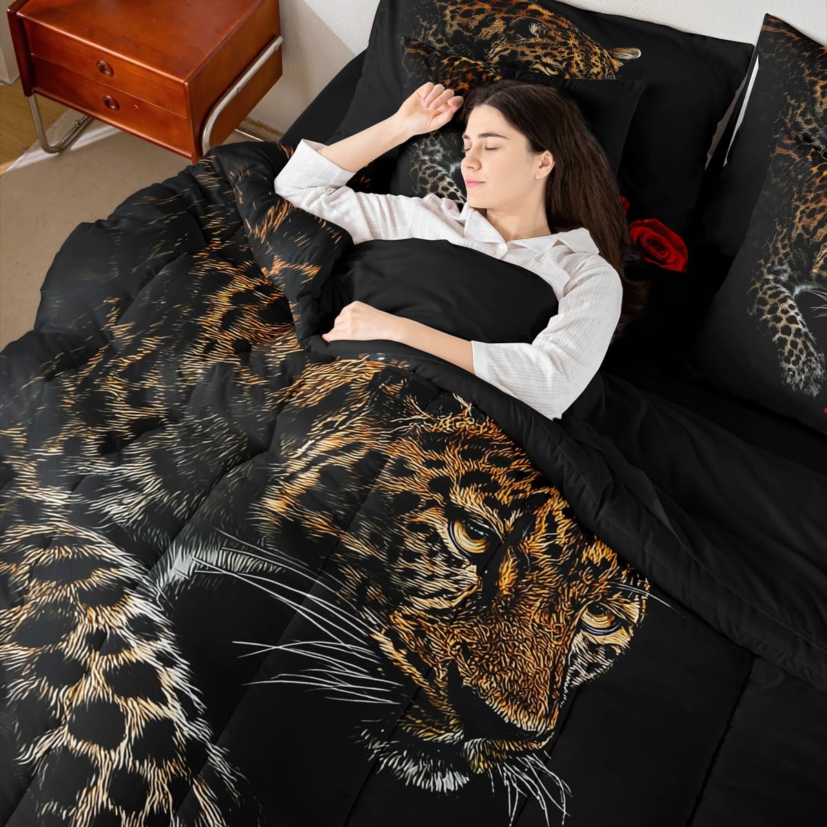 Erosebridal Leopard 7 Piece Bedding Set King Size Cheetah Bed in A Bag Rose Flower Comforter with Sheets African Savanna Animal Bed Sets