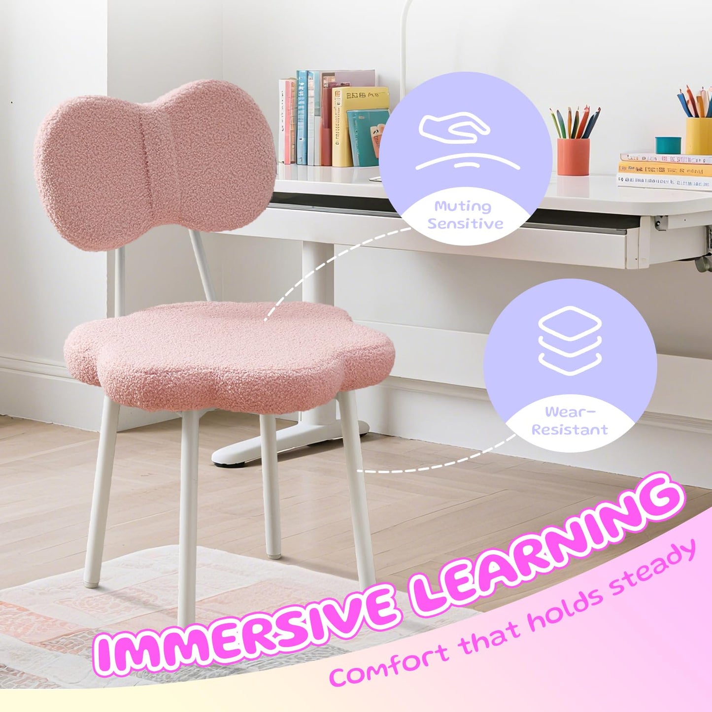 Ultrahome Vanity Girl Chair,Teen Kids Desk Chair with Bow Shape Backrest,Teddy Flence Reading Chair for Bedroom,Study Room,Make Up (Pink)