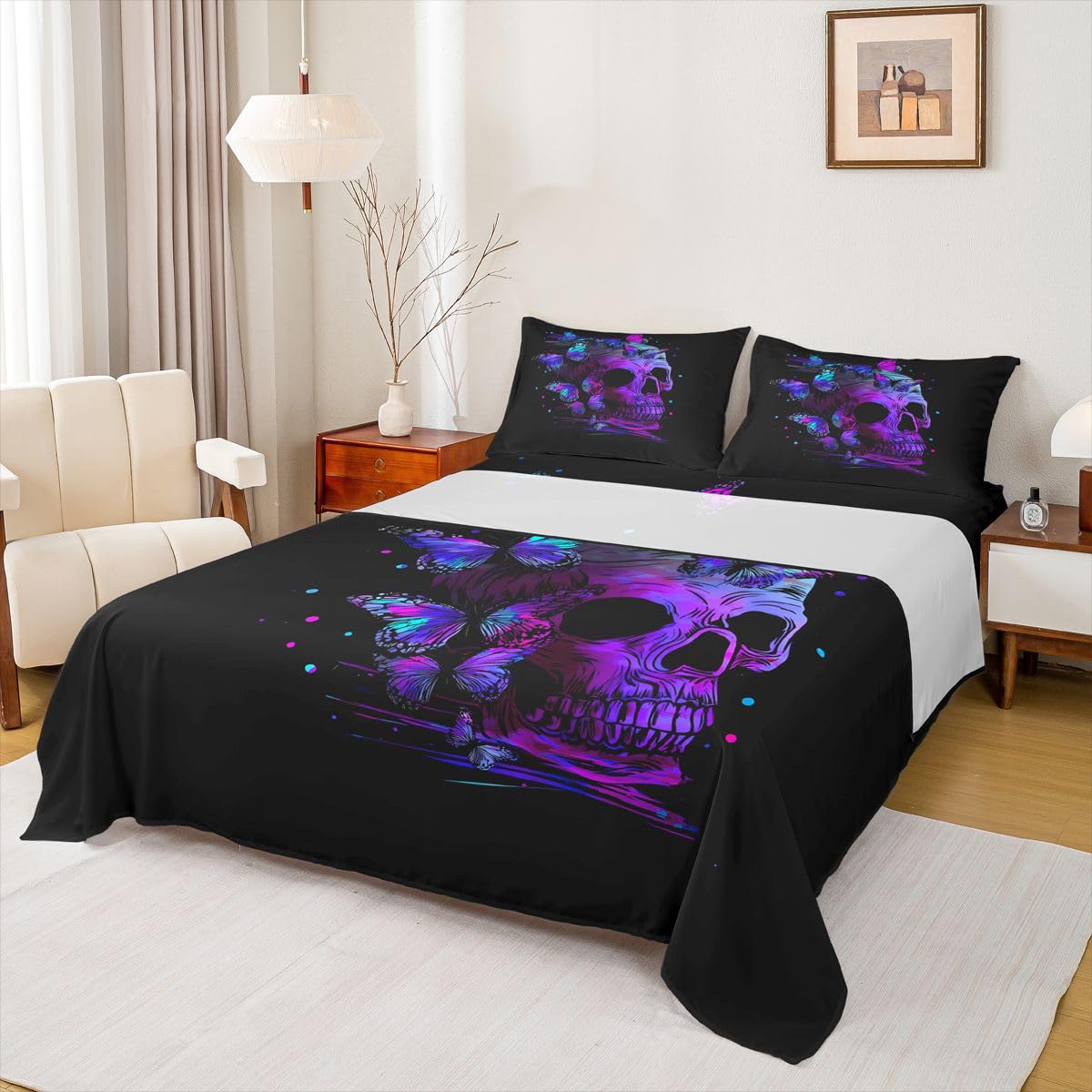 Erosebridal Purple Skull Bed Sheet Set King,Retro Psychedelic Butterfly Bed Sheets Gothic Sugar Skull Bedding Set for Girls Teens Women Room Halloween Fitted Sheet + Flat Sheet + 2 Pillow Cases Black
