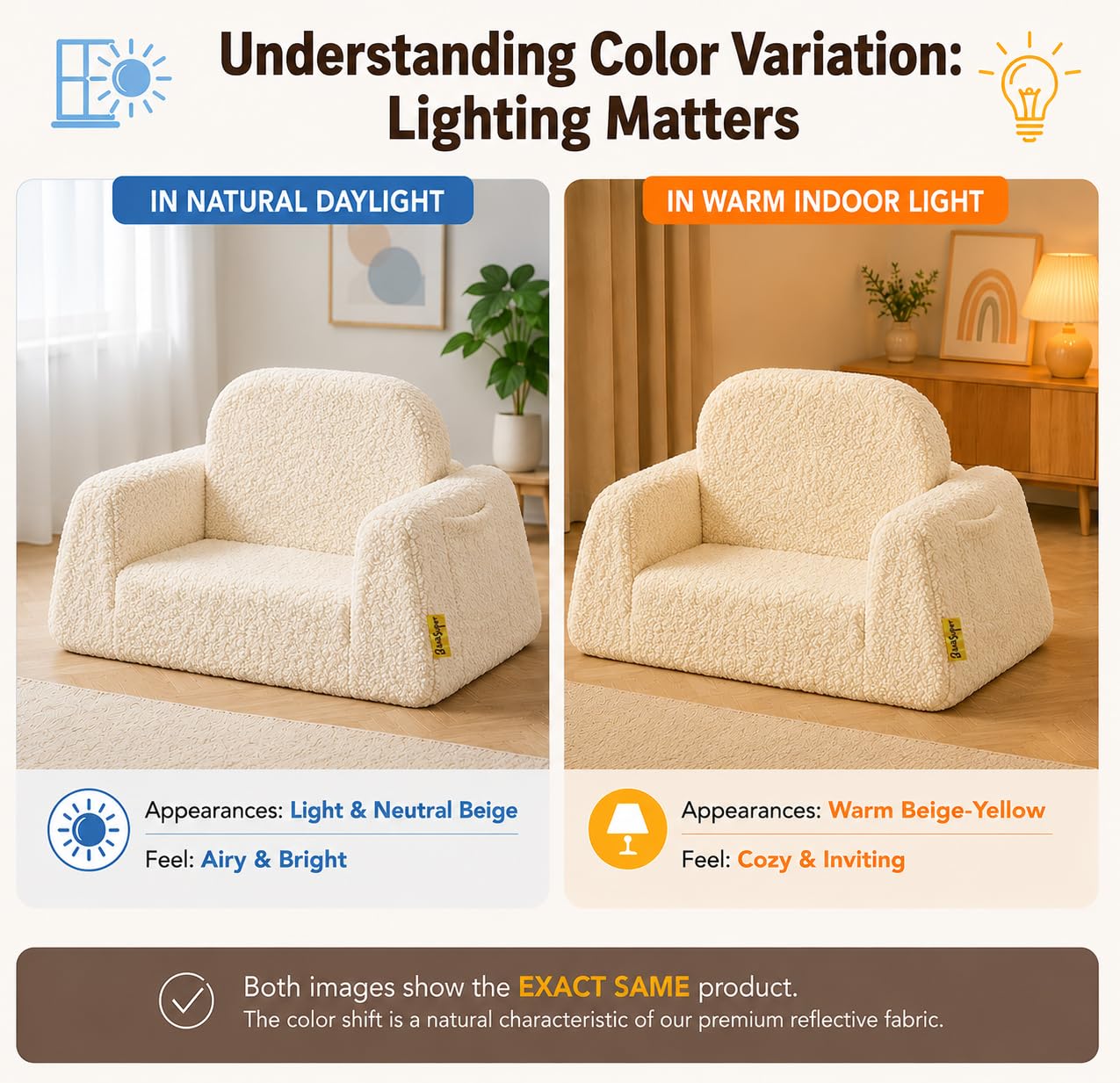 BanaSuper Wide Kids Sofa, Convertible Foam Couch for Children 3-8, Cream
