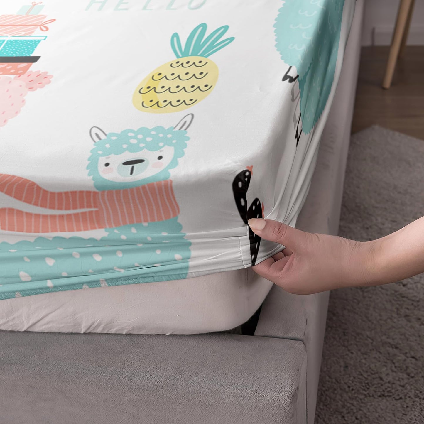 AILONEN Cute Llama Fitted Sheet Twin Size, Alpaca Cactus Print Bed Sheet Set,Cartoon Llama Alpaca Sheets Set,Lovely Tropical Animals Theme Bedsheet Set 3 Pieces,1 Fitted Sheet and 2 Pillowcases