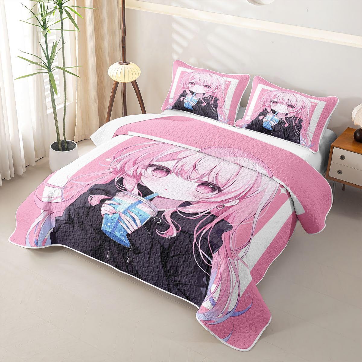 Erosebridal Kawaii Japanese Style Quilts Twin Size - Anime Girl Drinking Milk Tea Bedspread Coverlet Set, Japanese Animation Quilt Coverlets 2Pcs (Only 1 Pillowcase)