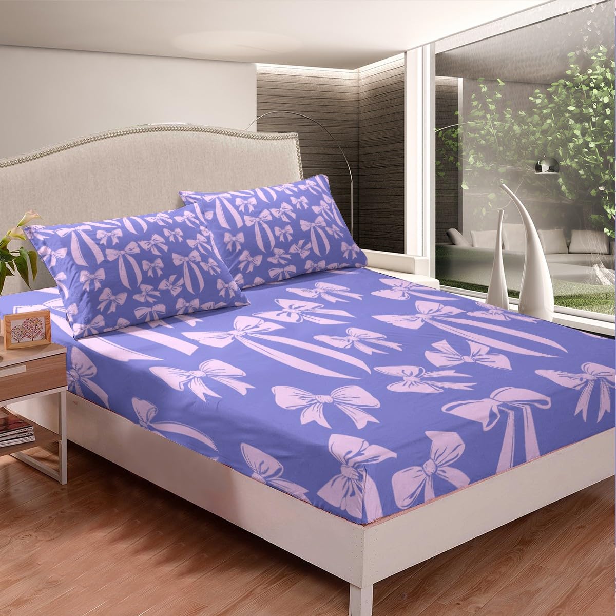 Feelyou Cute Bowknot Bedding Sheets Girls Like Full Purple Bowknot Bed Sheet Set Kids Cartoon Style Fitted Sheet Ribbons Silk Bows Bed Cover 3Pcs,1 Fitted Sheet+2 Pillow Sham（No Flat Sheet）