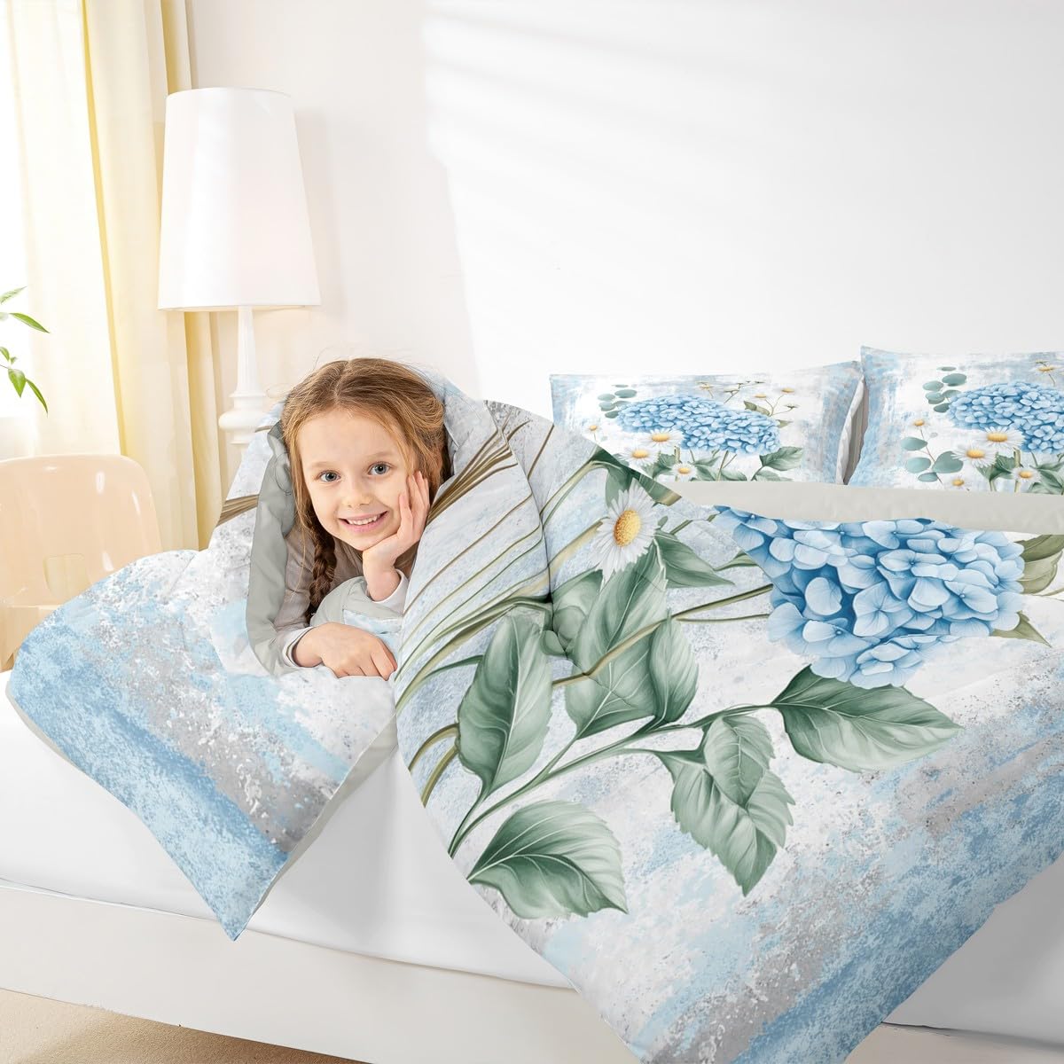 Erosebridal Blue Hydrangea Flower Queen Comforter Set Spring Blossom Bedding Set Abstract Oil Painting Bed Set Watercolor Floral Rustic Farmhouse Quilt Set Ombre Blue Grey Design for Adults