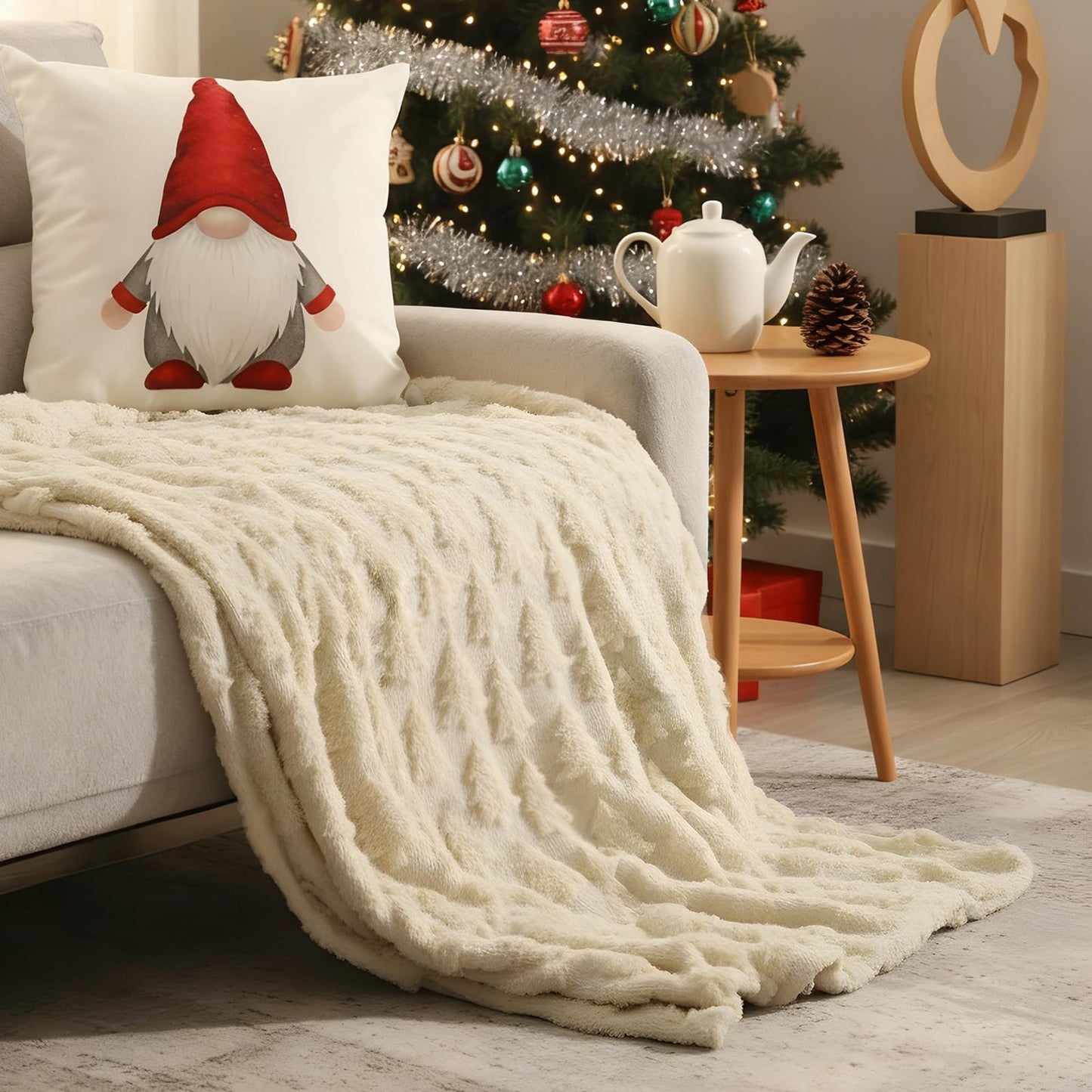 Heirloom Haven Christmas Throw Blanket 50x60 Inch,Beige 3D Xmas Tree Winter Dual Sided Soft Fluffy Plush Faux Fur Jacquard Blanket for Bed Sofa Couch Room Decor Christmas Birthdays Gifts