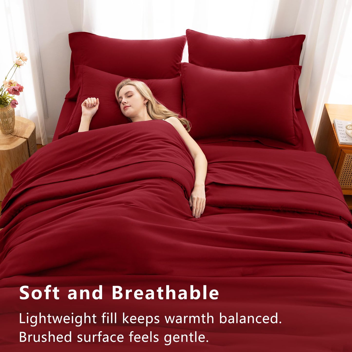 CozyLux Queen Comforter Set Dark Red, 7 Pieces Bed in a Bag Queen Comforter Set with Sheets, Luxury Soft Bedding Sets with Down Alternative Comforter, Fitted Sheet, Flat Sheet, Pillowcases & Shams