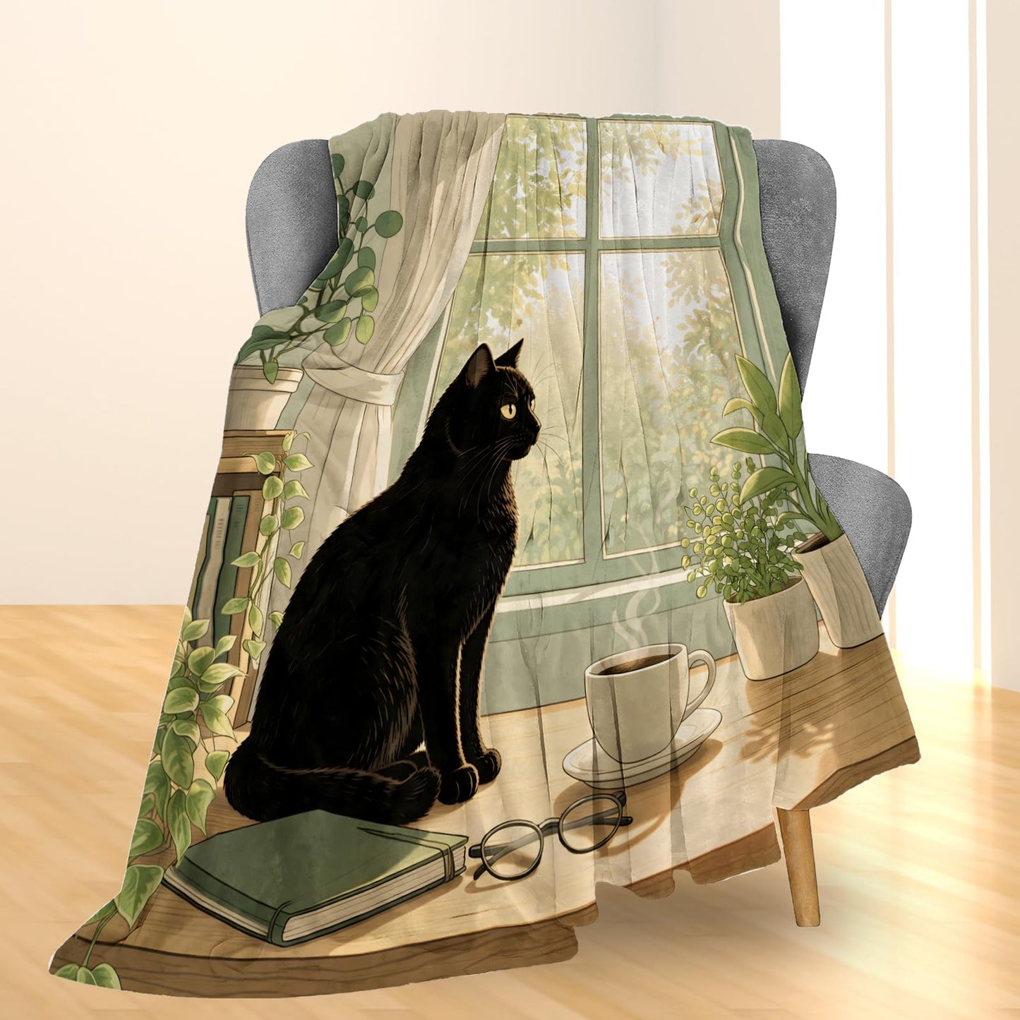 Ti Caldi Black Cat Blanket Gifts, Window Scene with Plants Coffee & Books Flannel Throw Blanket for Couch, Bed, Travel & Decor, Aesthetic Cozy Lightweight Warm Blankets for Women Adults 60×50 in