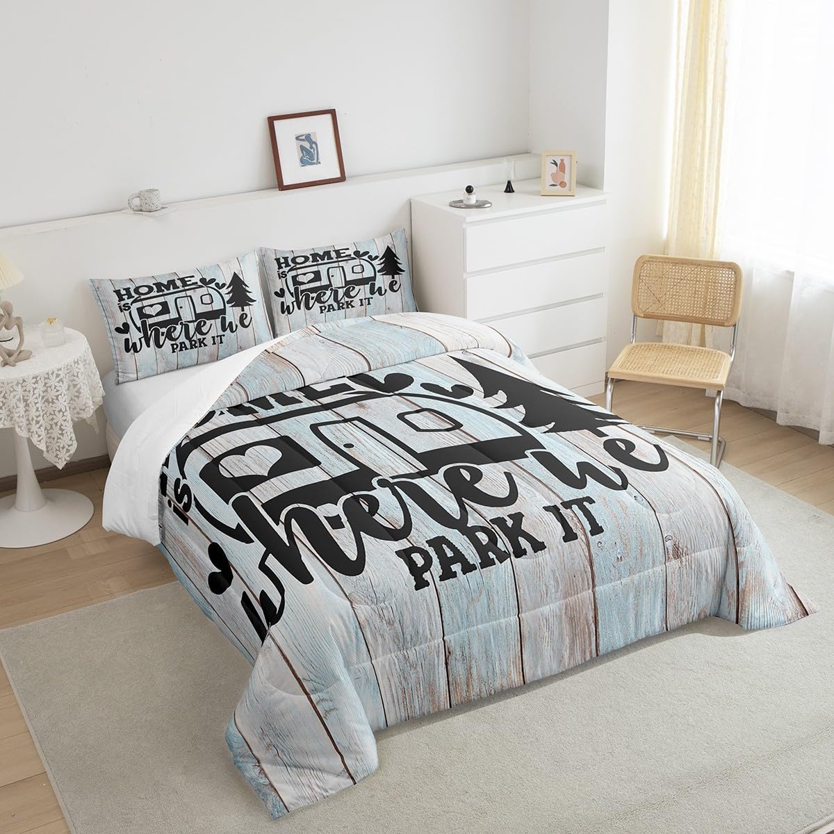Farmhouse Rustic Camping Queen Size Comforter Set,Funny Home Where We Park It Bedding Set with 2 Pillowcases,Explore Camper Gifts RV Life Breathable Durable Inner Fill Polyester Bedspread
