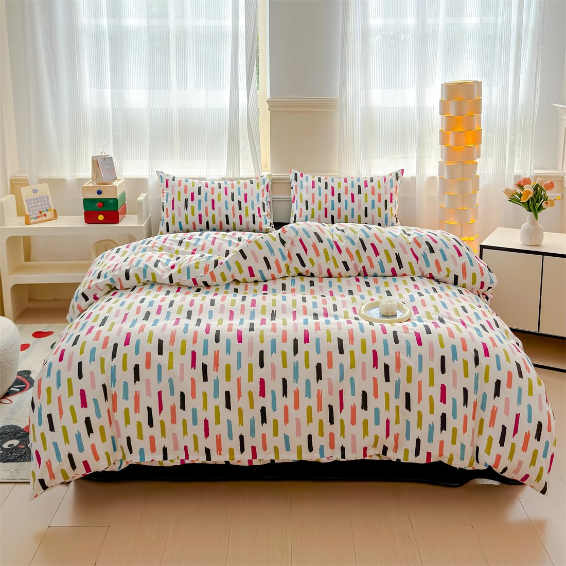 LIWHENHAO Rainbow Striped Duvet Cover Set Queen 100% Cotton Bedding Colorful Blue Red Black Stripe on White 1 Modern Abstract Geometric Comforter Cover Full 2 Pillowcases for Kids Girls Boys Woman