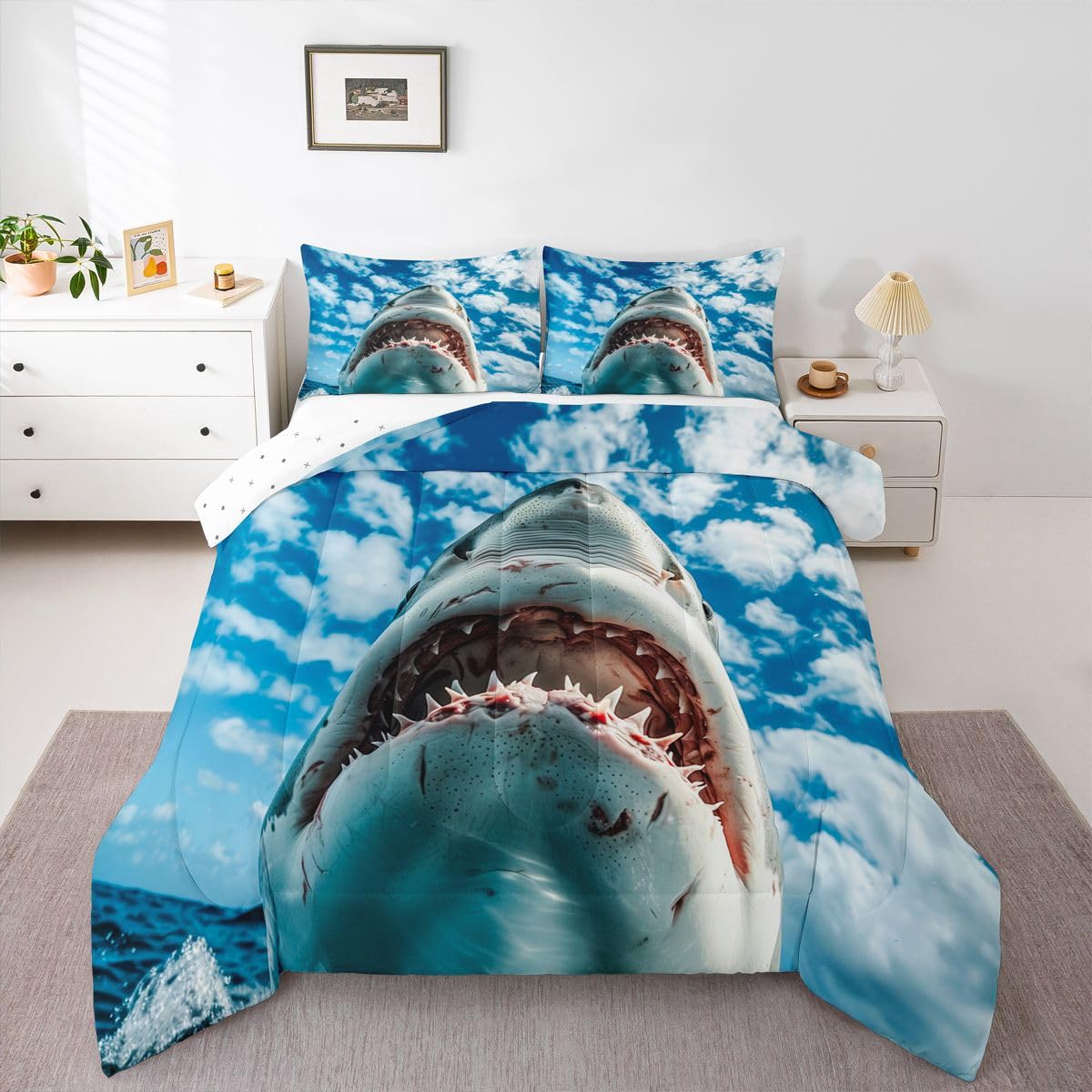 Feelyou Shark Bedding Set Soft for Boys Girls, Ocean Sea Animal Comforter Set Queen Size Sea Underwater World Duvet Quilt Microfiber Marine Theme Bedroom Decor 3 Pcs with 2 Pillow Cases