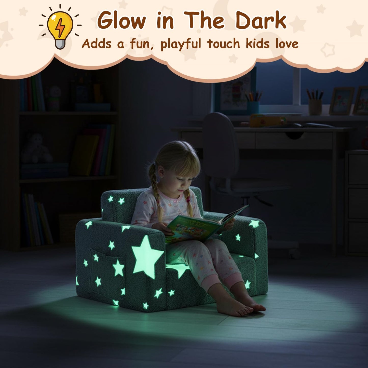 Givjoy Toddler Chair Plush Kids Couch, 2-in-1 Glow in The Dark Comfy Armchair Removable and Washable Cover Carrying Handle, Kids Reading Chair Toddler Couch for Playroom, Girls and Boys, Grey Star