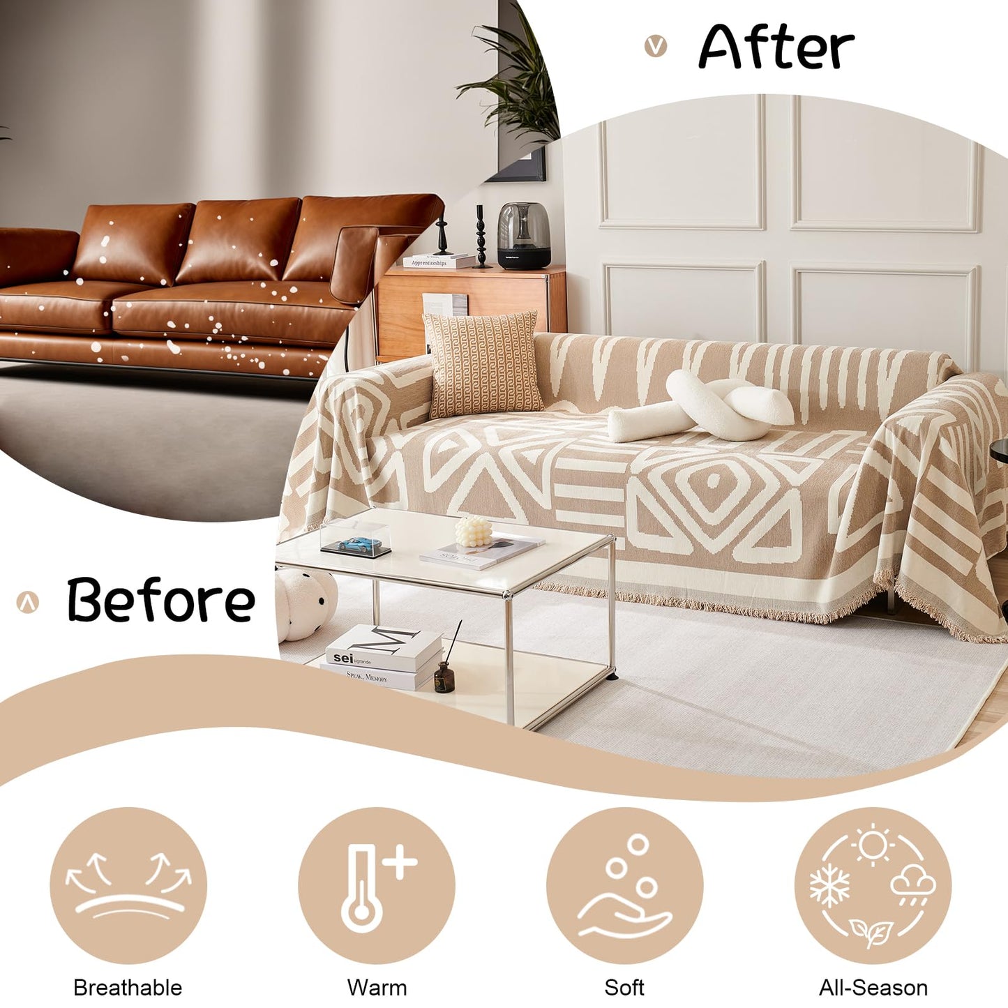 VClife Boho Couch Cover, Washable Sofa Cover for Dog, Non Slip Couch Covers for 2 Cushion Couch, Modern Khaki Creamy White Geometric Sofa Slipcovers Multi-Functional Furniture Protector 71'' x 118''