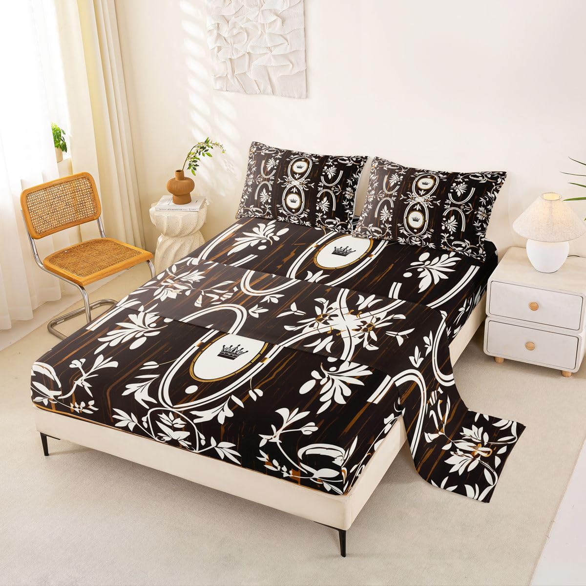 Erosebridal Black Gold Crown Bed Sheets Set Full Vintage Boho Floral Sheet Set Bohemian Exotic Goth Sheets Farmhouse Wooden Flat Fitted Sheet
