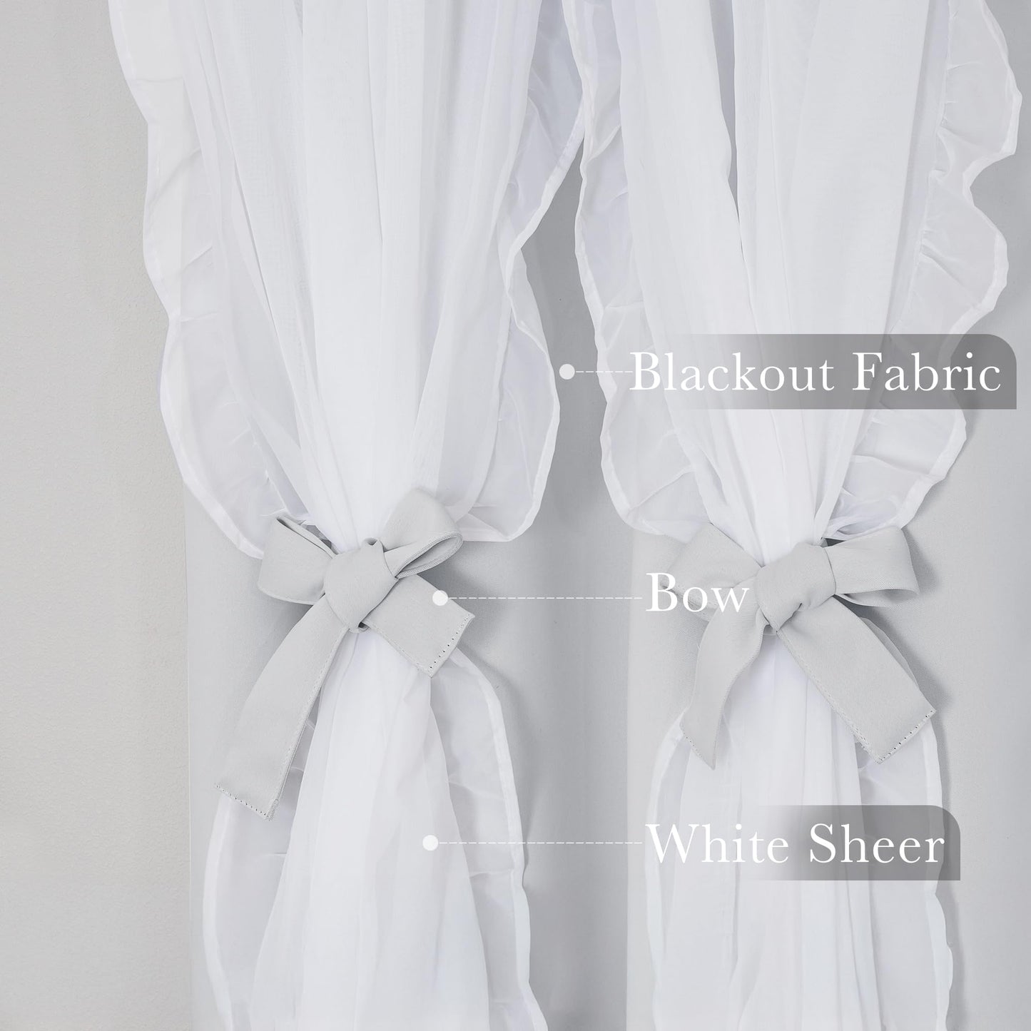 PONY DANCE Shabby Chic Curtains for Bedroom Double Layer White Ruffle Sheer Overlay with Tiebacks French Country Drapes for Bedroom Decor, 52" W x 84" L, Greyish White, 2 Pieces