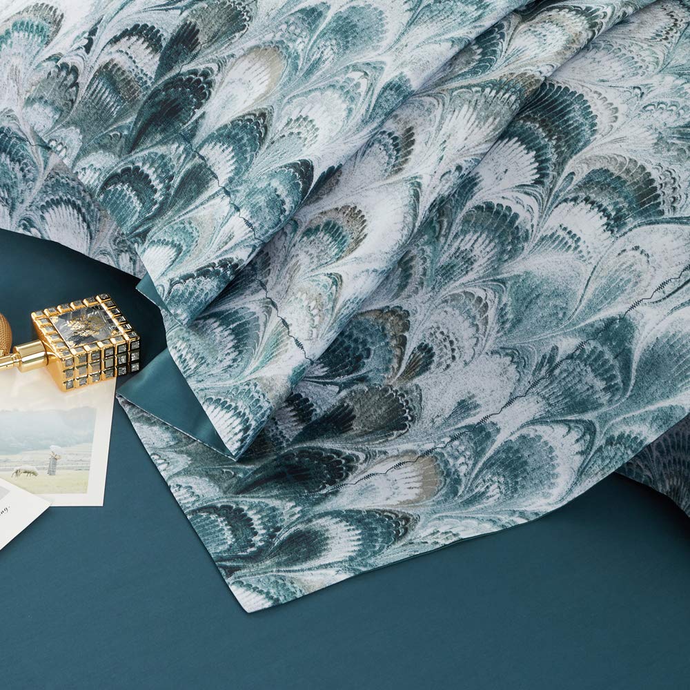 MILDLY 100% Long Staple Cotton Duvet Cover Set Queen Size, Aqua Blue Peacock Tail Plume Pattern Printed Comforter Cover Set