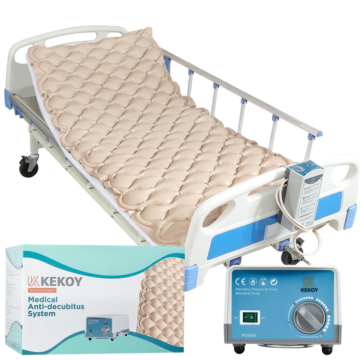 Kekoy Alternating Air Pressure Mattress Pad, Bed Sore Prevention, Hospital Topper for Bedridden Patients, 130 Air Cells, Adjustable Whisper Quiet Pump, Waterproof Cover, Inflated 75"x35" – Beige