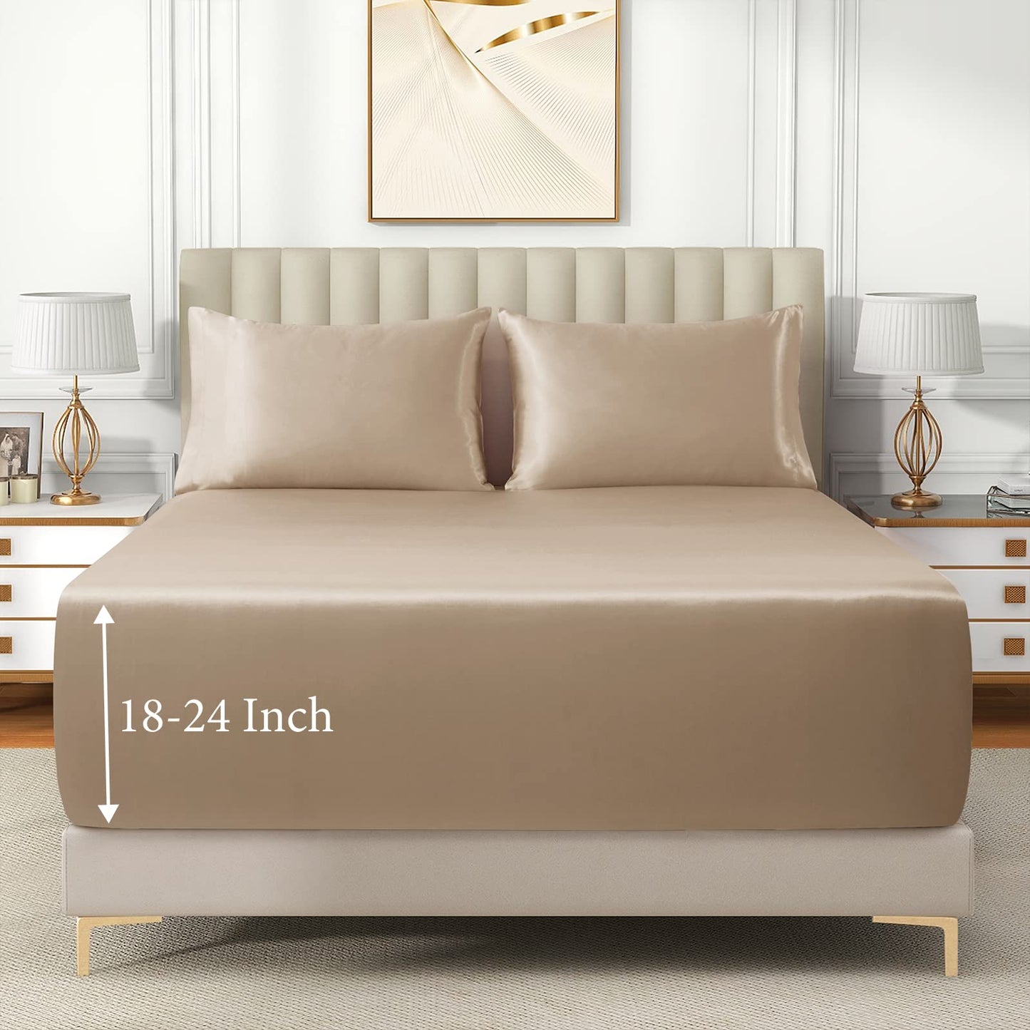 VACVELT 3pcs Extra Deep Pocket Satin Fitted Sheet Set Queen Bed Set, Beige Bottom Sheet Fit 18-24 Inch Deep Pocket Mattress, Silky Bedding Set Soft & Ultra Deep Fitted Sheet & 2 Pillowcase