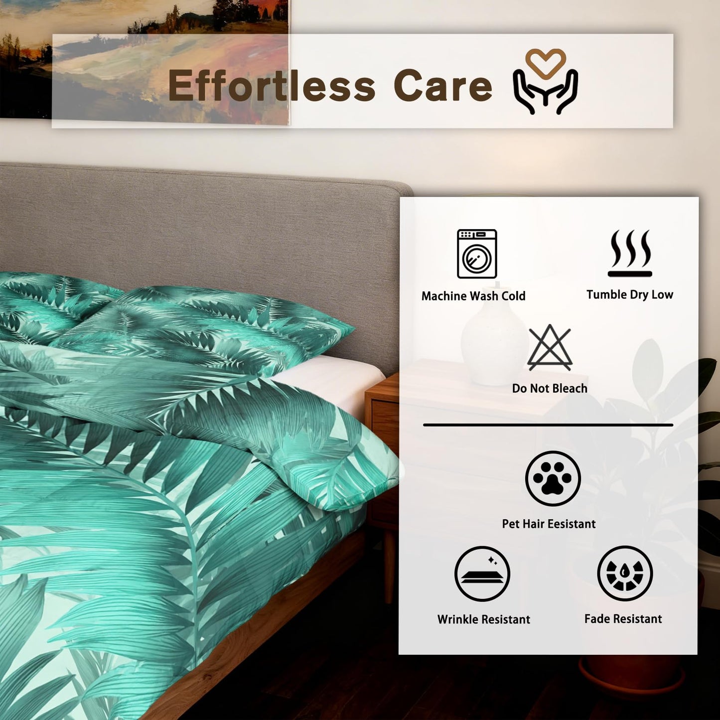 Palm Leaf Comforter Set King Size 3Pc, Tropical Forest Botanical Pattern Down Alternative Bed Comforter, 2 Pillow Shams, Soft All Season Bedding, Palm Leaf Bedroom Decor AF4308