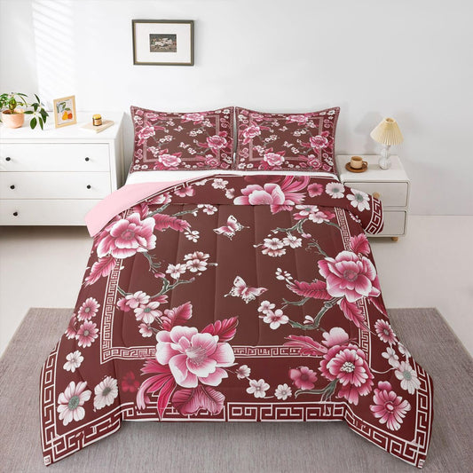 Erosebridal Pink Floral Comforter Set Bohemian Botanical Plant Leaves Full Size Bedding Sets for Youth Boys | Shabby Flower Rustic Comforter Vintage Countryside Bed Set, Kawaii Room Decor Aesthetic