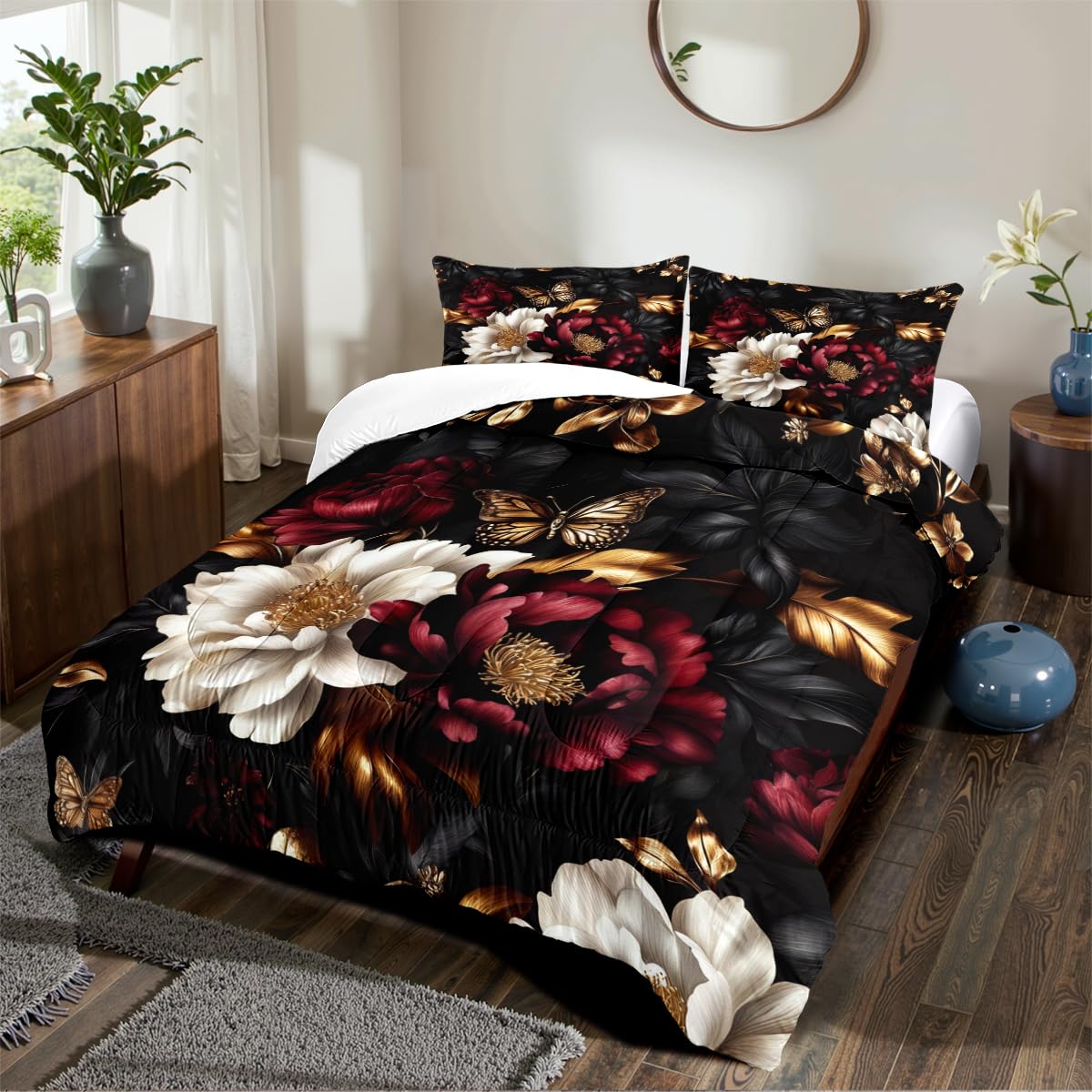 CCoutueChen Black Floral Comforter Set Queen Size 3 Pieces Farmhouse Botanical Flower Bedding Set Modern Aesthetic Bedding Soft Lightweight Down Alternative Comforter Sets with 2 Pillowcases