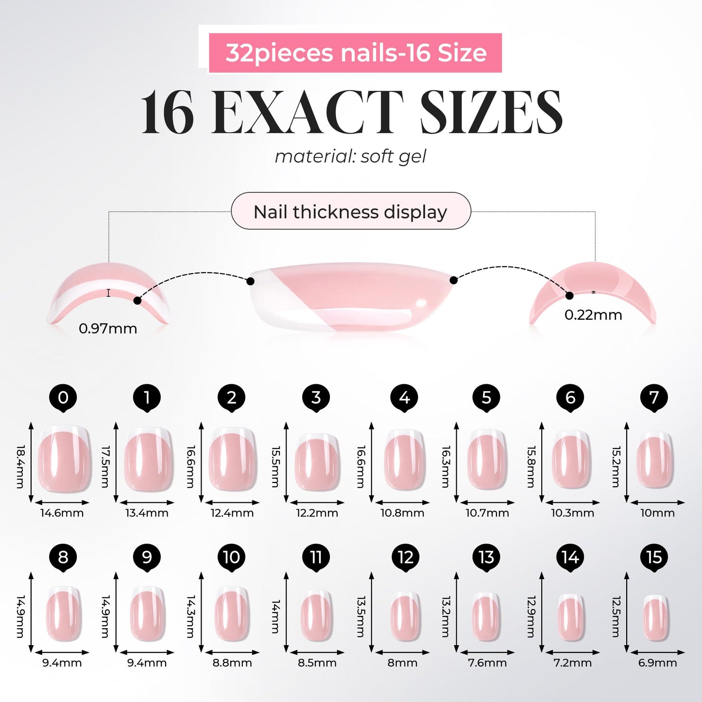 UNA GELLA 32Pcs Soft Gel Press on Nails - 16 Sizes Silver Mirror French Tip Short Square Glue on Nails, Reusable Metallic Chrome False Nails, Full Cover Acrylic Nail Kit for Women DIY Home Manicure