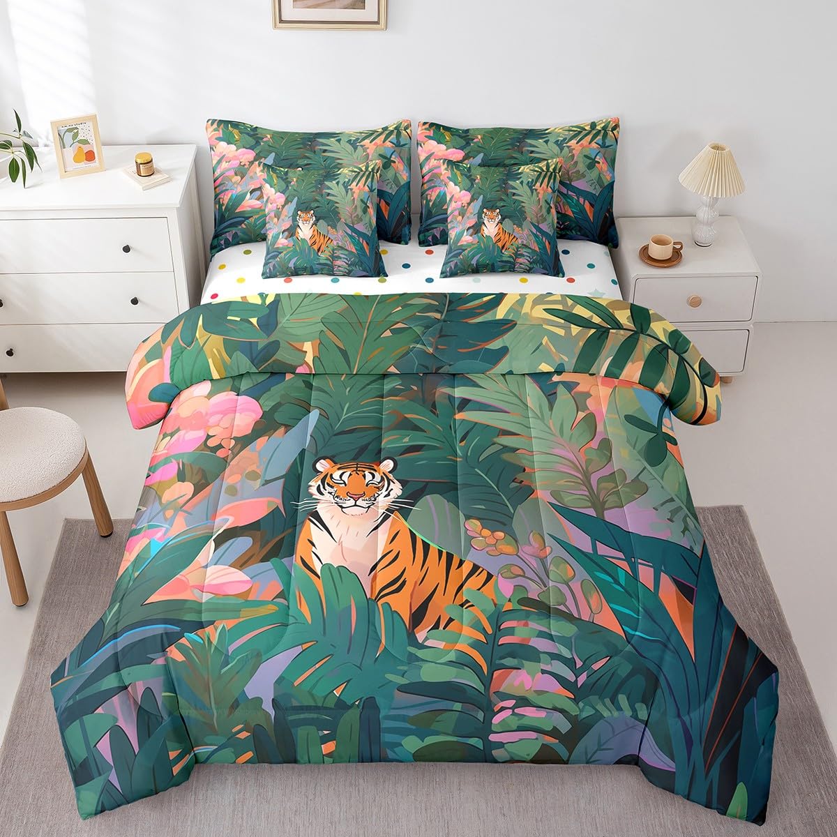 Erosebridal African Tiger Bedding Set King Size, Safari Animal Wildlife Comforter Set, Palm Tree Leaves Kids Teens (Comforter+Fitted+Flat Sheet+2 Pillowcases+2 Throw Pillow Covers) 7 Pieces Bed Set