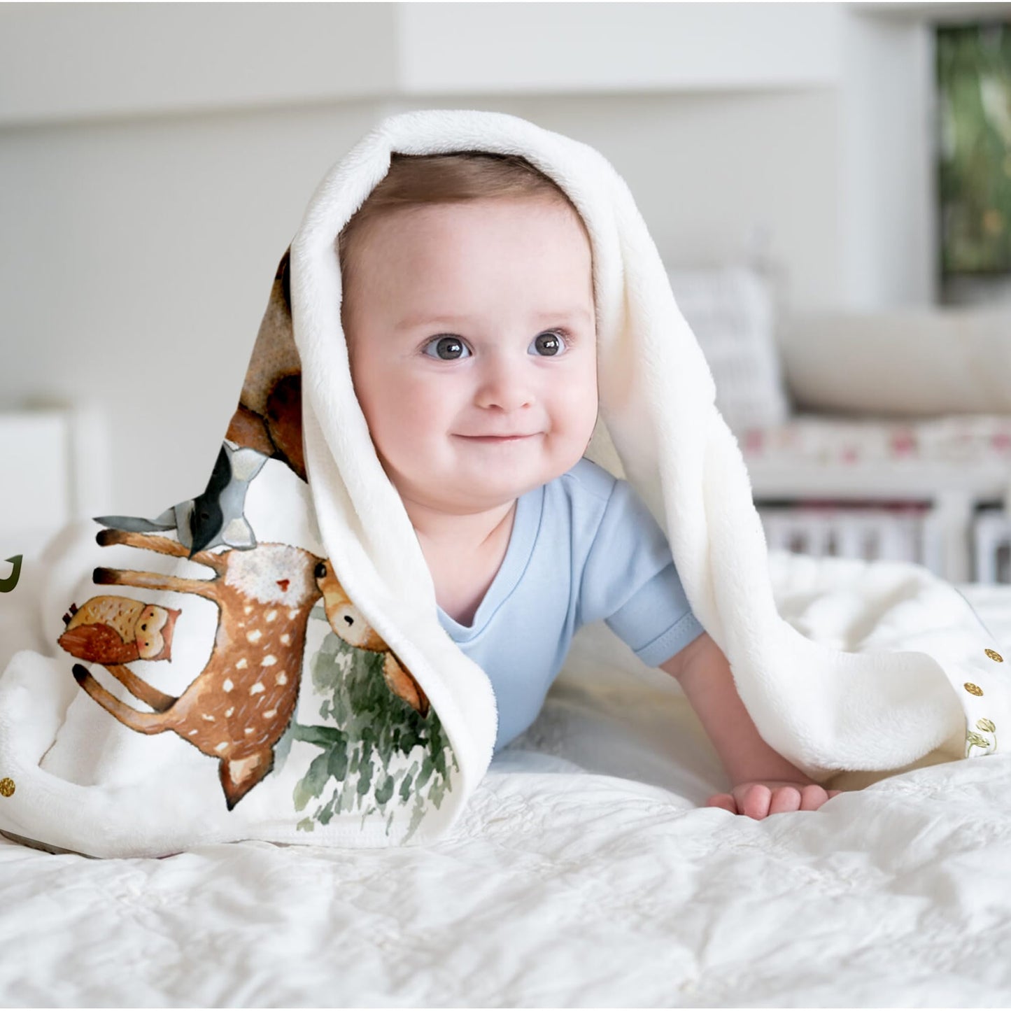 Personalized Baby Blanket with Name, Custom Woodland Kids Blankets for Boys, Customized Receiving Blankets for Boys Baby Shower Christmas Birthday Gifts, Soft Newborn Blanket