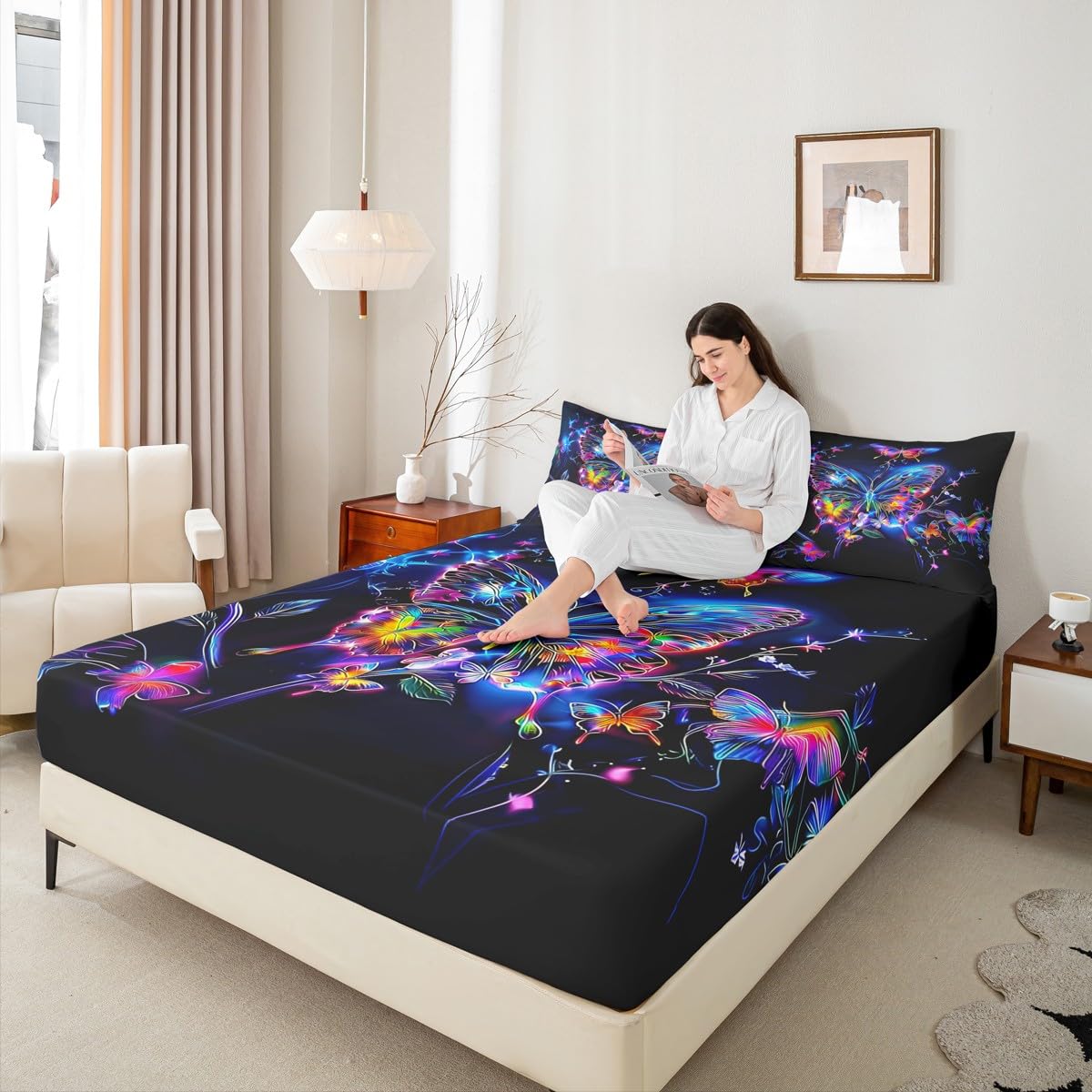 Feelyou Cute Butterfly Fitted Sheet with 1 Pillowcase Twin Size Glitter Bed Sheets Set 16" Deep Pocket Boys Girls Purple Butterfly Bedding Animals Teens Bedroom Decor